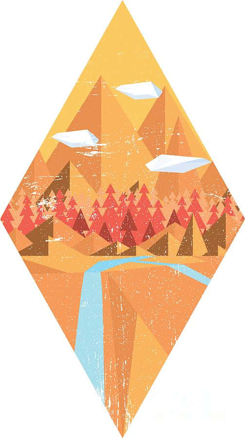 幾何 桌布 壁紙 — 一個風格化的鑽石形山景，有橙色山峰、紅色森林和藍色河流，在白色雲朵下。