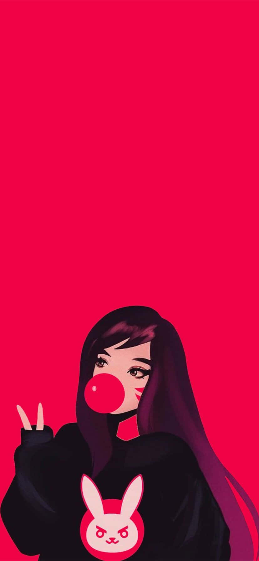 紅色 iPhone 桌布 壁紙 — 一個風格化的長髮女孩，在純紅色背景前，穿著帶有粉紅色兔子標誌的黑色連帽衫，吹著紅色泡泡糖。