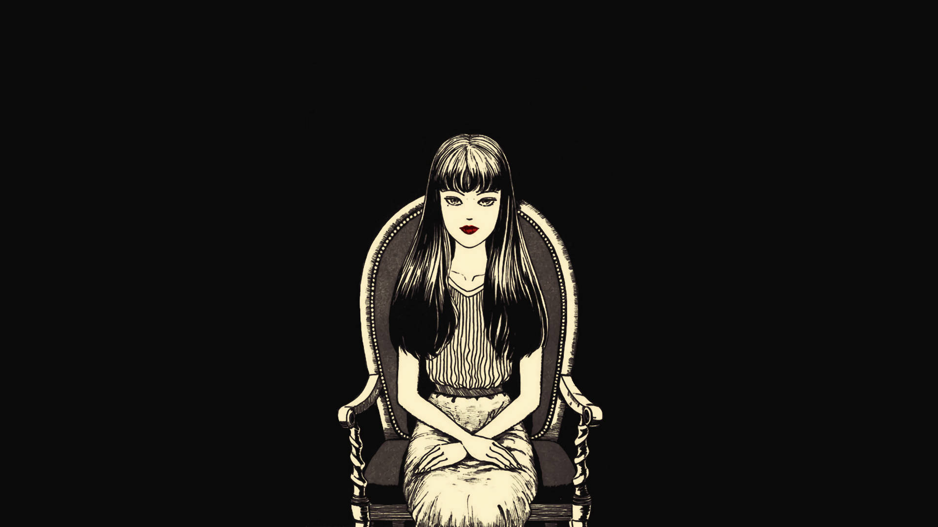 一個長黑髮的女孩，坐在華麗的椅子上，背景是黑色。 — 恐怖動圖 壁紙