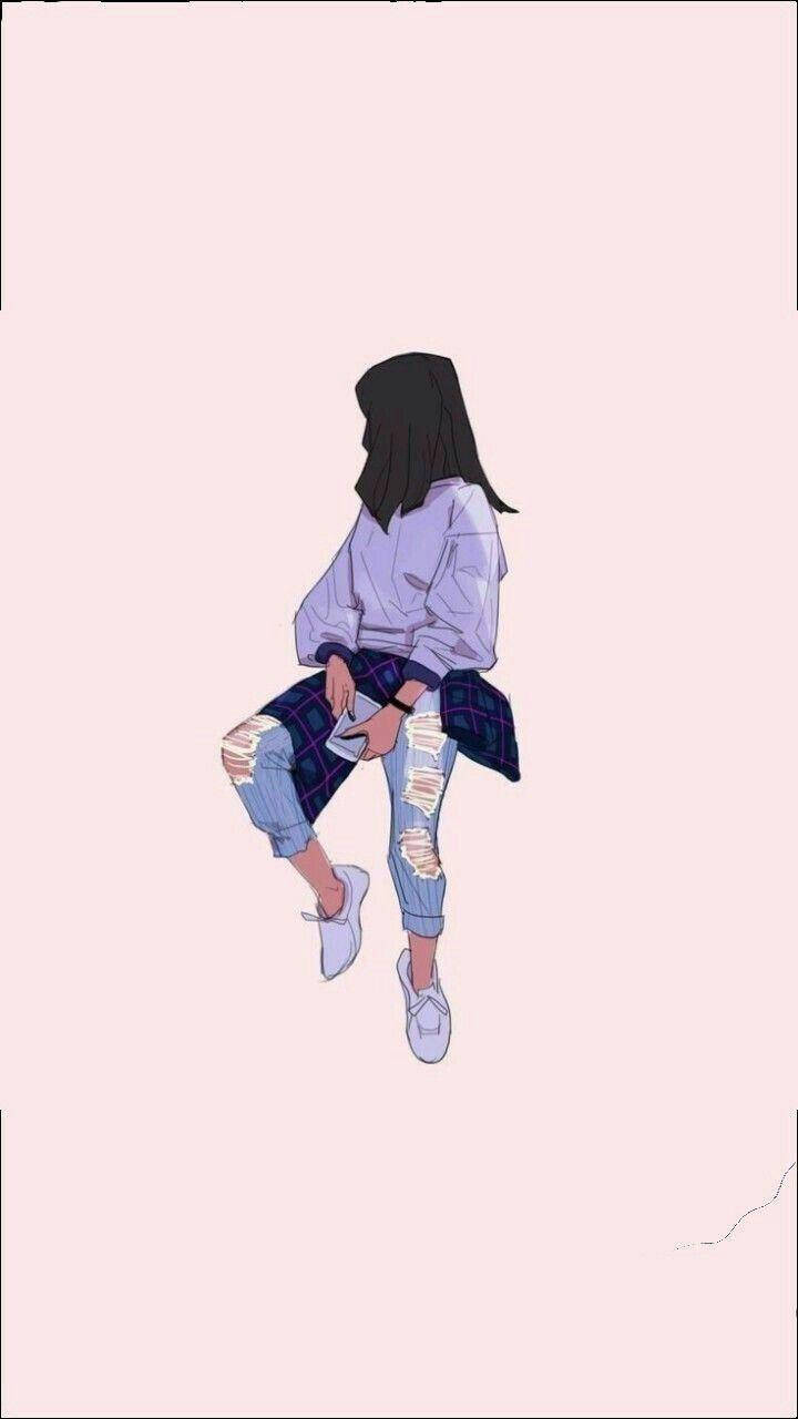 美少女動態圖 桌布 壁紙 — 一個風格化的長黑髮女孩，穿著破洞牛仔褲和紫色連帽衫，盤腿坐在柔和的粉紅色背景前。