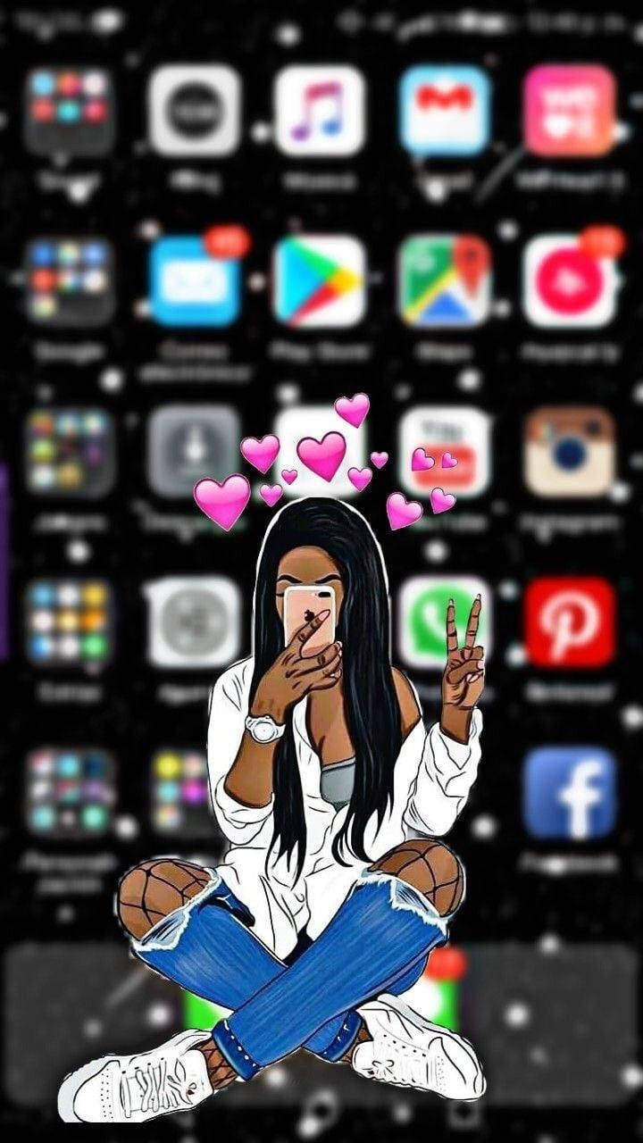 Black Girl 桌布 壁紙 — 一個風格化的長黑髮女孩盤腿坐在充滿應用程式圖示的智慧型手機螢幕上，粉紅色的心形在她周圍漂浮。