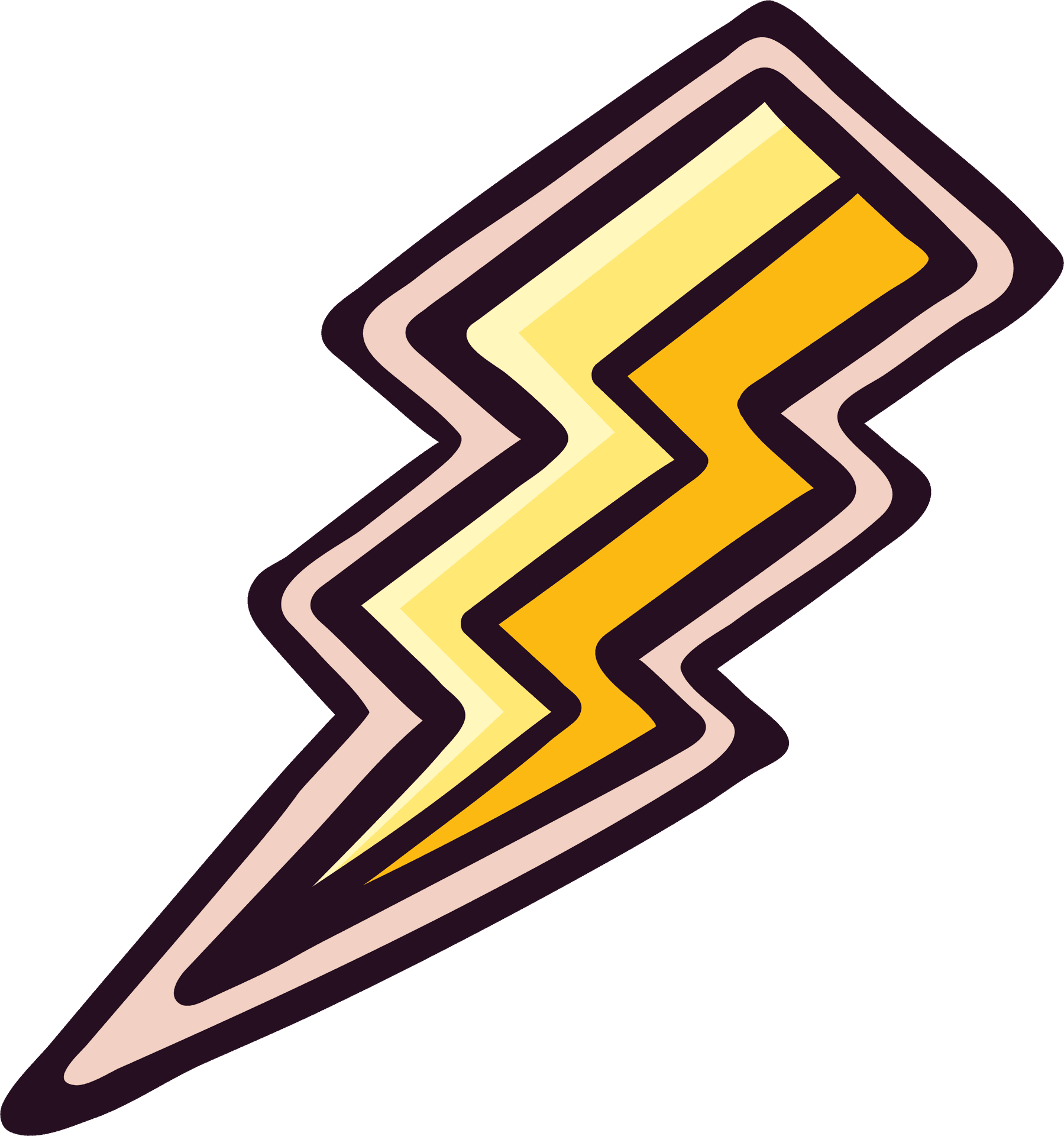 Thunderbolt 桌布 壁紙 — 一個風格化的閃電圖標，帶有層疊的黃色、橙色和米色條紋，以深棕色勾勒在白色背景上。