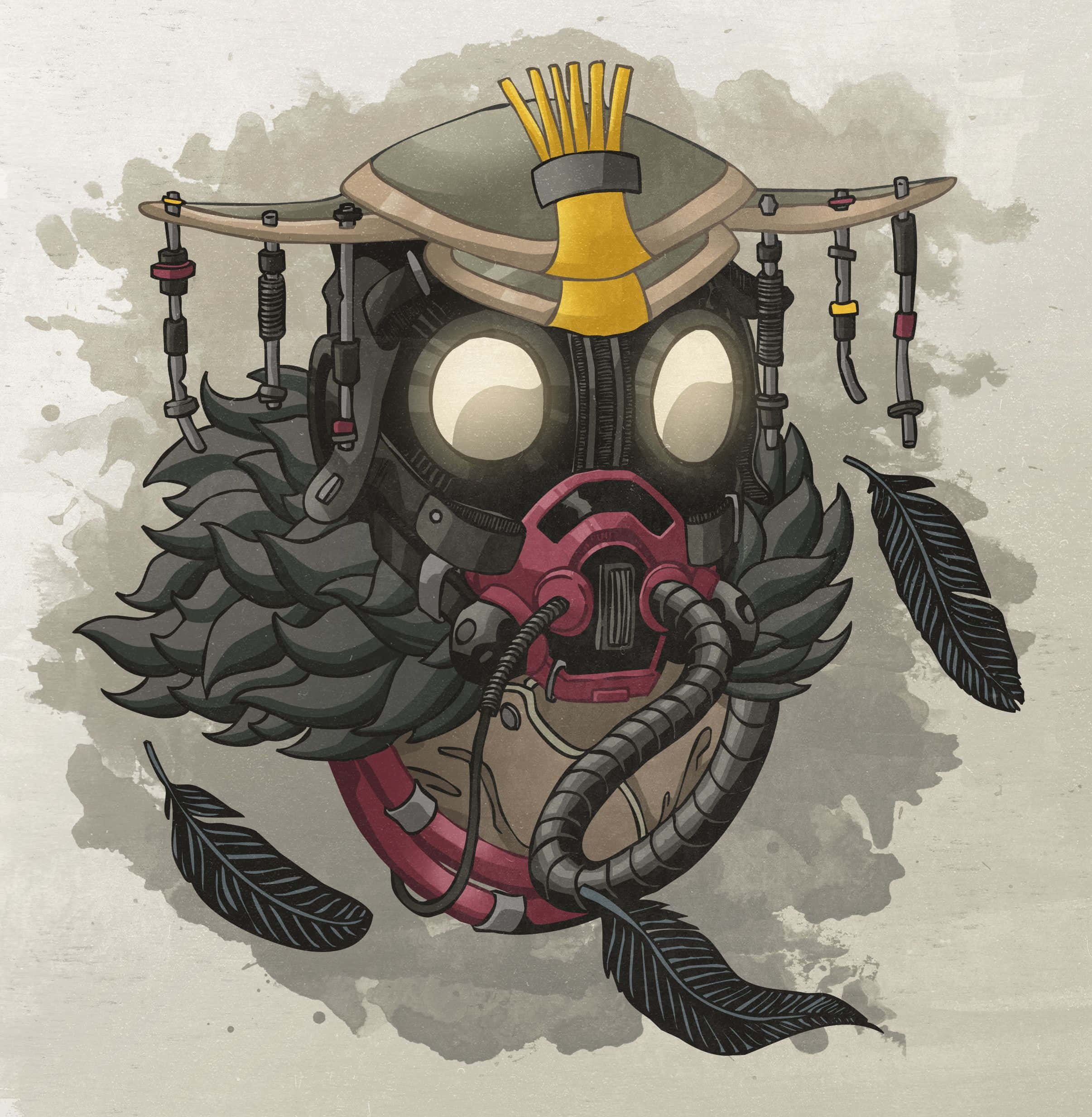 Apex Legends Bloodhound 桌布 壁紙 — 一個風格化的防毒面具與武士頭盔和羽毛翅膀融合在紋理灰色背景上。