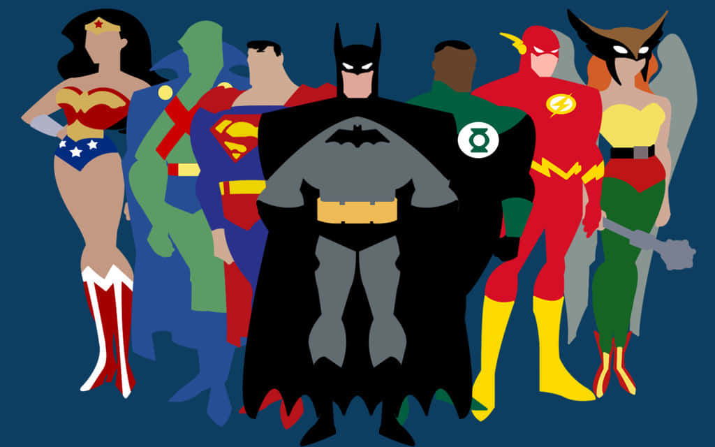 Justice League Unlimited 桌布 壁紙 — 一個風格化的陣容，包括蝙蝠俠、神力女超人和超人，站在深藍色背景前。