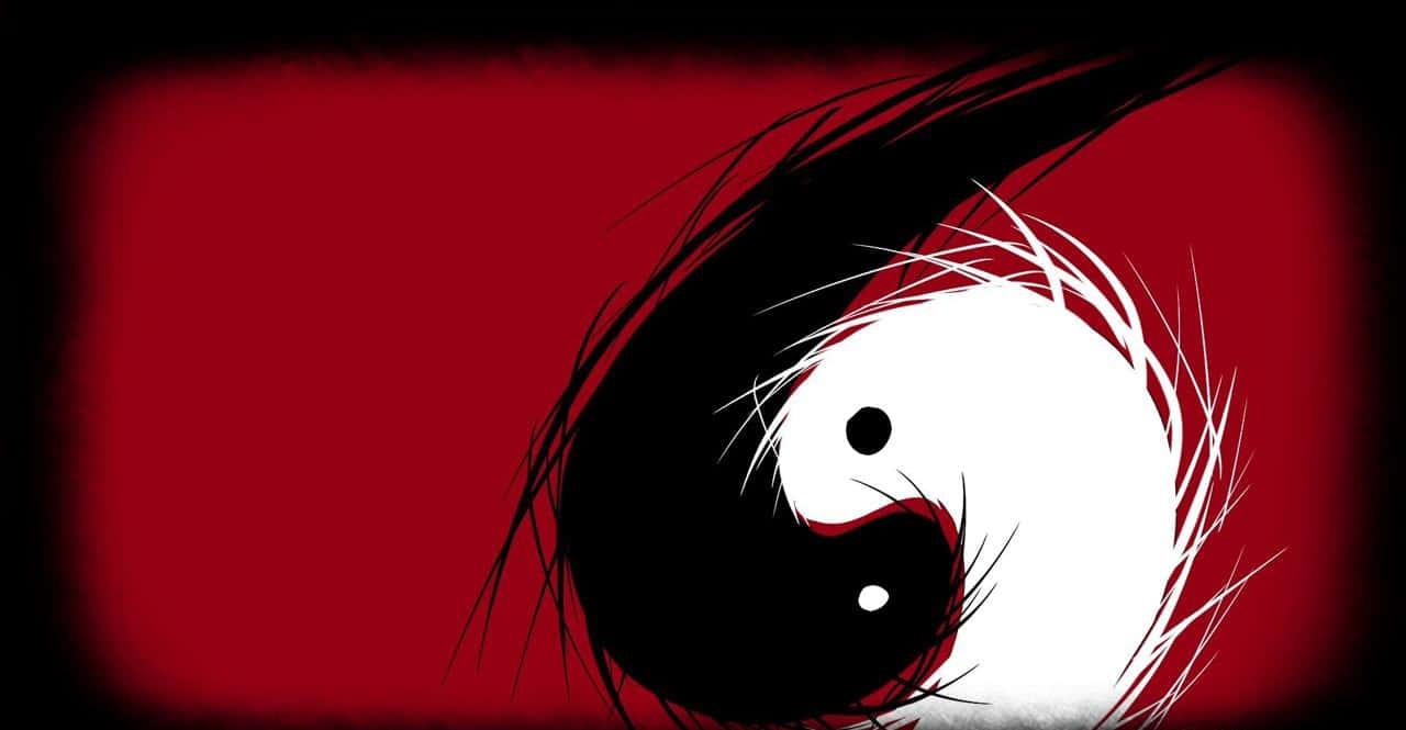 Yin Yang 4K 桌布 壁紙 — 一個風格化的陰陽符號，帶有動態筆觸邊緣，置於深紅色漸變背景上。