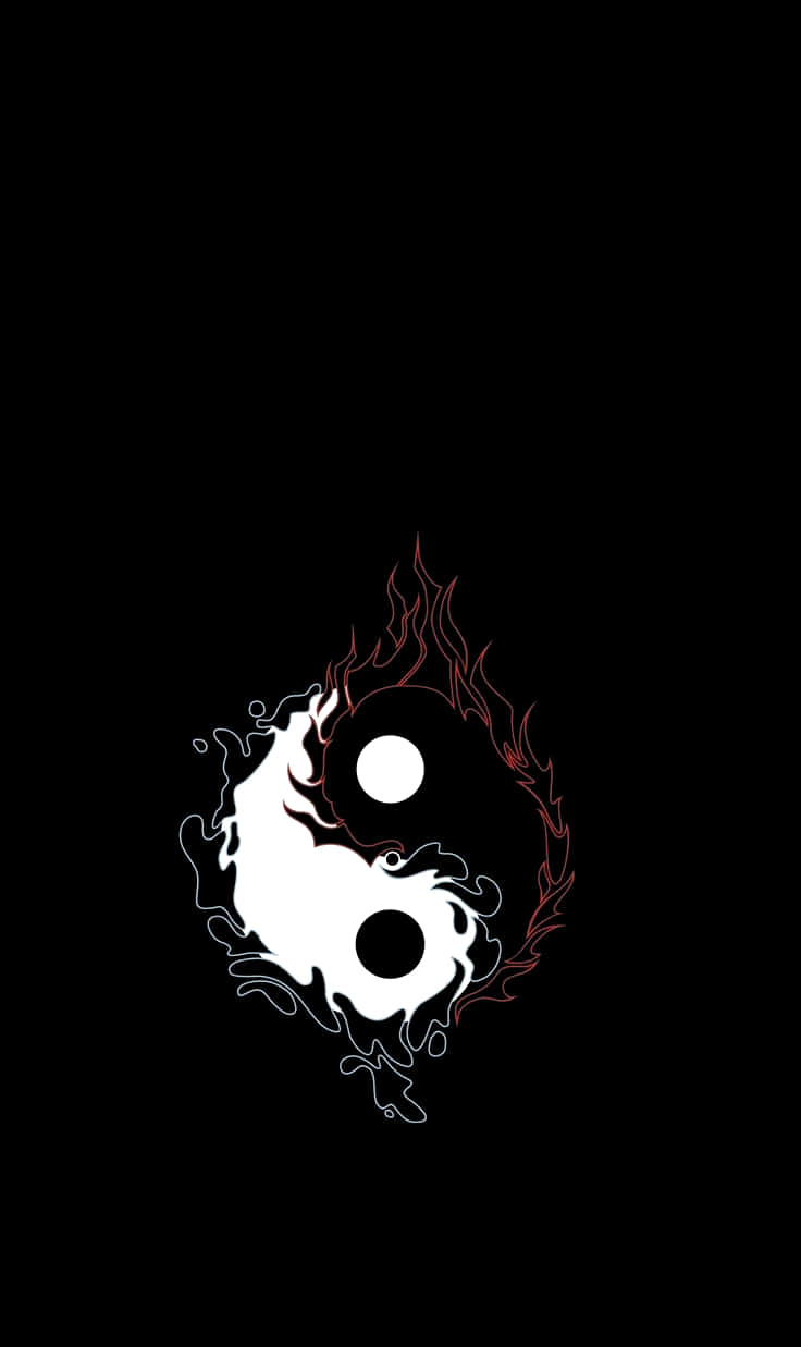 Yin Yang 4K 桌布 壁紙 — 一個風格化的陰陽符號，帶有白色流體和紅色火焰點綴，背景為黑色。