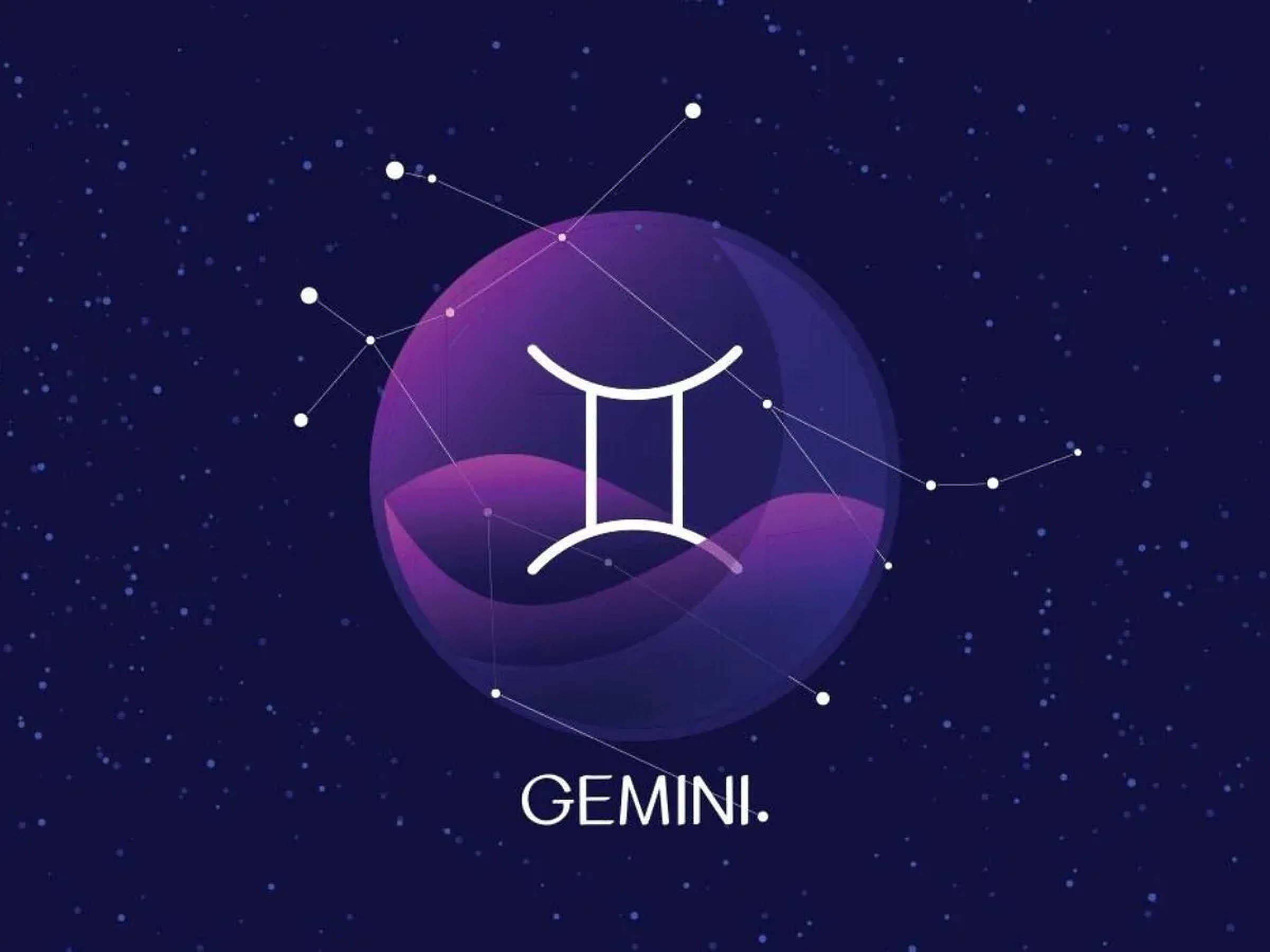 gemini 桌布 壁紙 — 一個風格化的雙子座星座符號在紫色球體內發光，背景是繁星點點的夜空，並有連接的星座線。