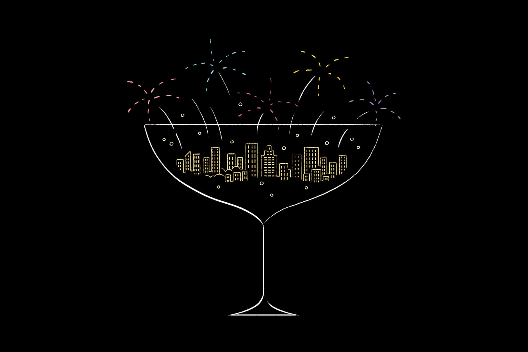 Champagne 桌布 壁紙 — 一個風格化的雞尾酒杯，裝滿了金色城市天際線和爆發的彩色煙火，背景為黑色。