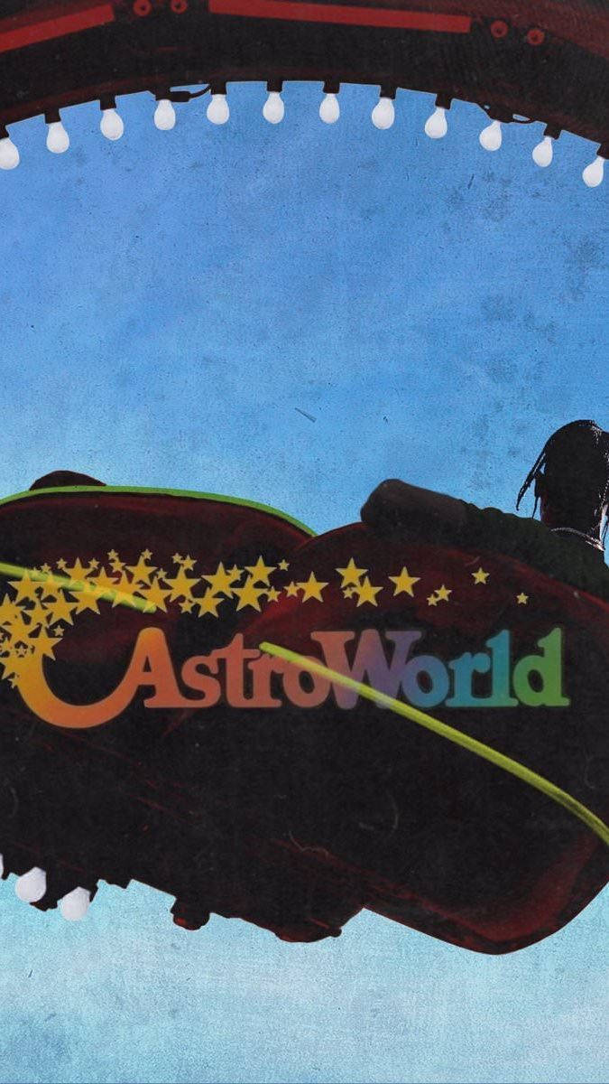 Astroworld 桌布 壁紙 — 一個風格化的雲霄飛車，帶有'AstroWorld'標誌和星星，在藍天下於燈串下滑行。