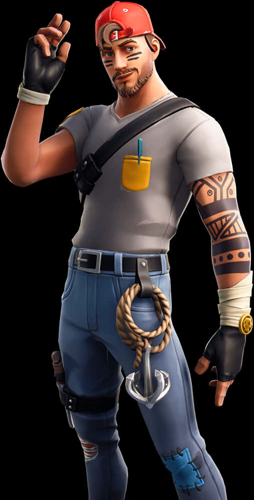 Fortnite Default Skin 桌布 壁紙 — 一個風格化的電子遊戲角色，戴著紅色帽子、穿著藍色褲子，自信地拿著繩索和錨擺姿勢。