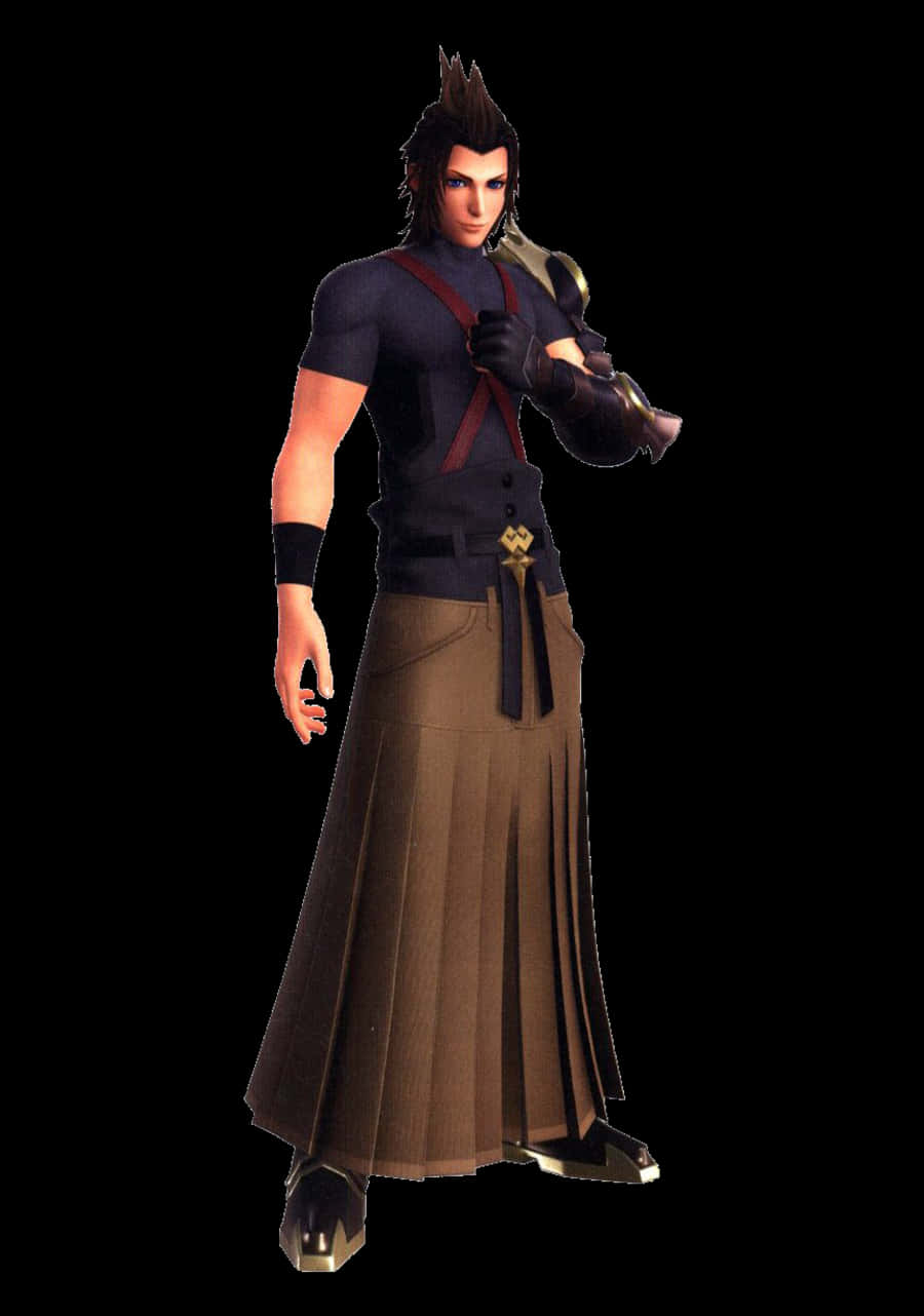 Kingdom Hearts Terra 桌布 壁紙 — 一個風格化的電子遊戲角色，擁有刺蝟般的黑色頭髮和深色服裝，自信地站在黑色背景前。