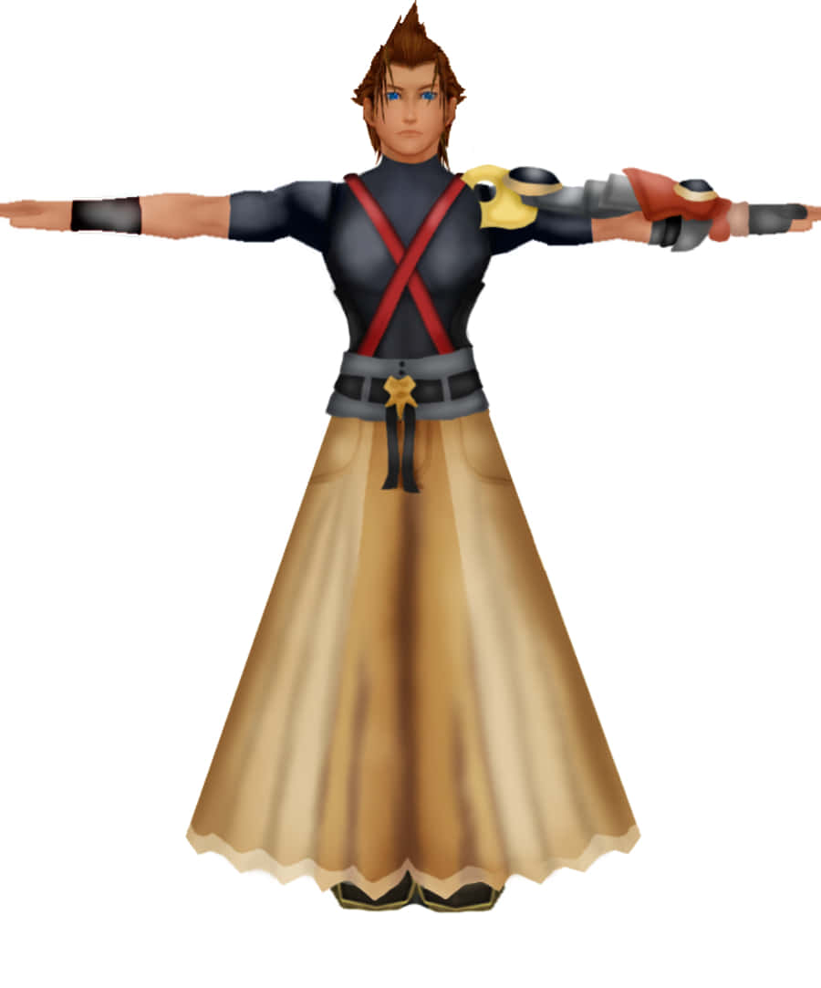 Kingdom Hearts Terra 桌布 壁紙 — 一個風格化的電子遊戲角色，擁有尖刺的棕色頭髮和藍色眼睛，雙臂張開站立，穿著黑色上衣、紅色肩帶、棕褐色裙子，背上有一把鑰刃。