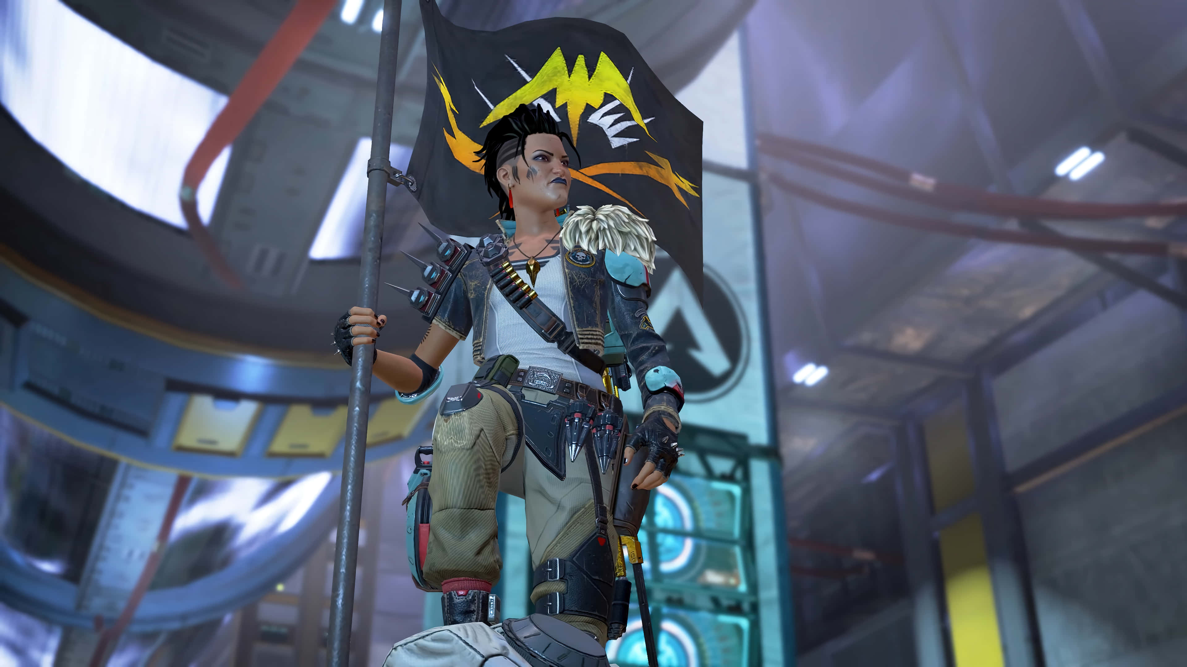 Apex Legends Characters 桌布 壁紙 — 一個風格化的電子遊戲角色，擁有尖刺頭髮和部落標記，在未來科幻場景中手持一面帶有黃色閃電的黑色旗幟。