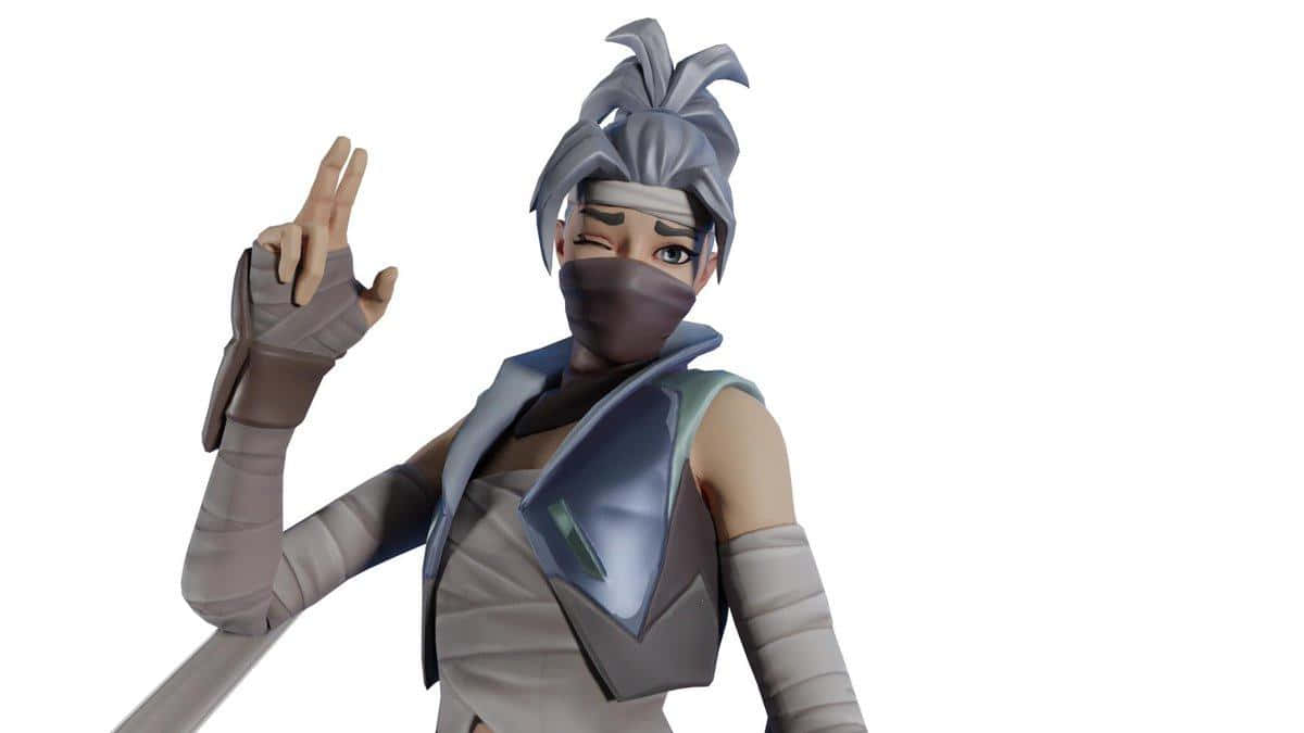 Fortnite Kuno 桌布 壁紙 — 一個風格化的電子遊戲角色，灰色尖刺頭髮和口罩，在純白色背景上比出和平手勢。