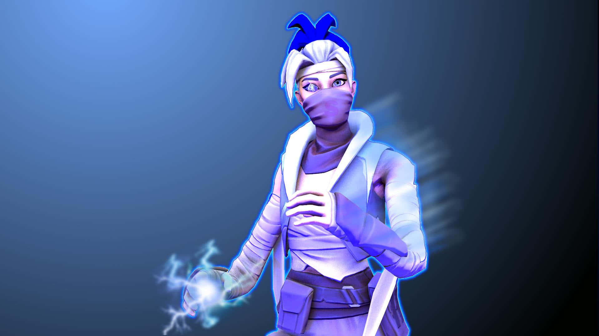 Fortnite Kuno 桌布 壁紙 — 一個風格化的電子遊戲角色，白髮藍面具，從手中引導電能，背景為漸變藍色。