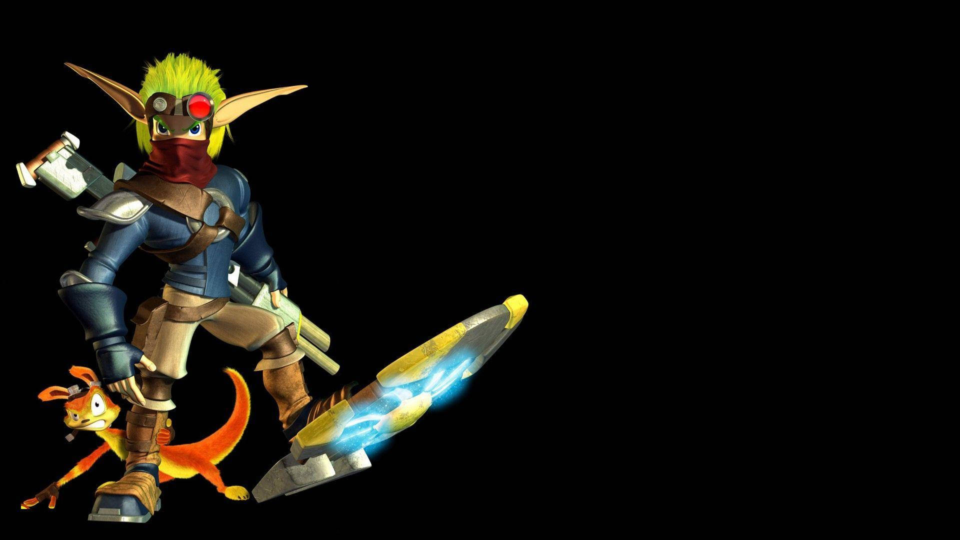 Jak 3 桌布 壁紙 — 一個風格化的電子遊戲角色，綠色頭髮和護目鏡，在黑色背景前揮舞著發光的劍，旁邊有一隻橙色的小生物。