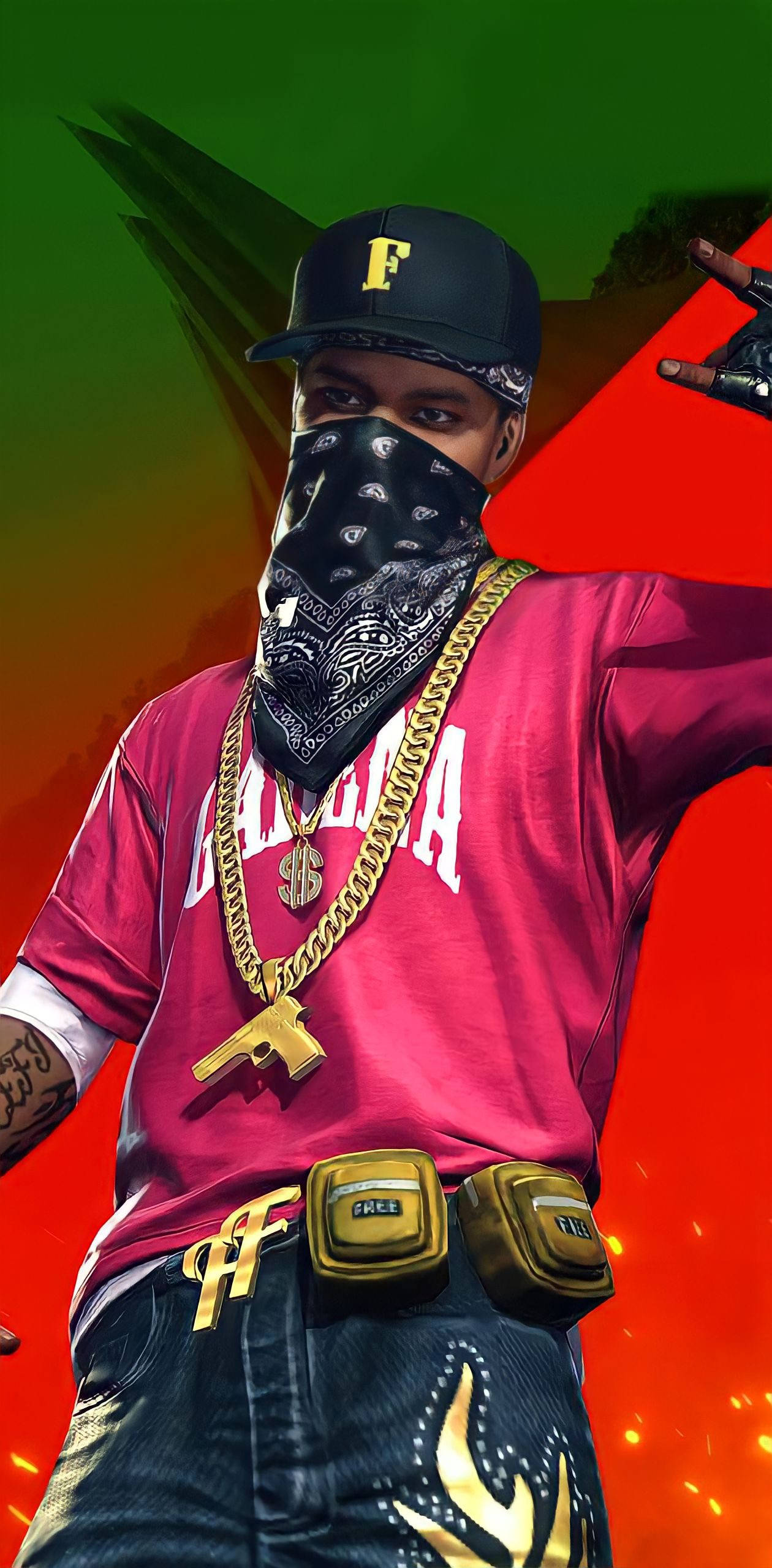 Free Fire 嘻哈套裝 桌布 壁紙 — 一個風格化的電子遊戲角色，身穿粉紅色襯衫、金鏈和頭巾，在充滿活力的綠紅漸變背景前擺姿勢。