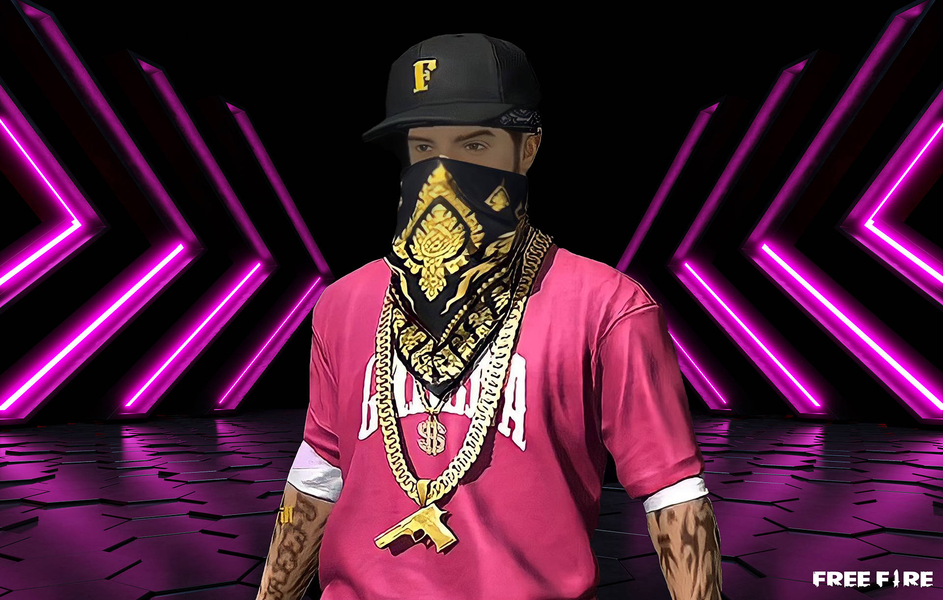 Free Fire 嘻哈套裝 桌布 壁紙 — 一個風格化的電子遊戲角色，身穿粉紅色襯衫和金色鏈條，站在黑暗未來設定中發光的紫色霓虹箭頭前。