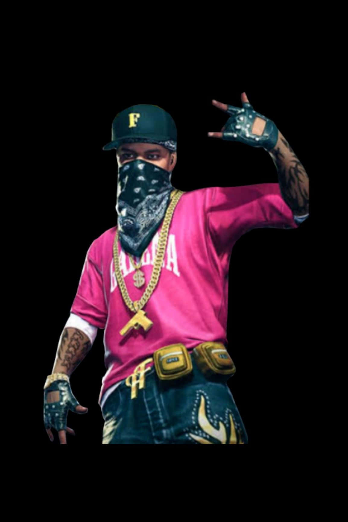 Hip Hop Free Fire 桌布 壁紙 — 一個風格化的電子遊戲角色，身穿粉紅色襯衫、金鏈和頭巾，在黑色背景前自信地擺姿勢。
