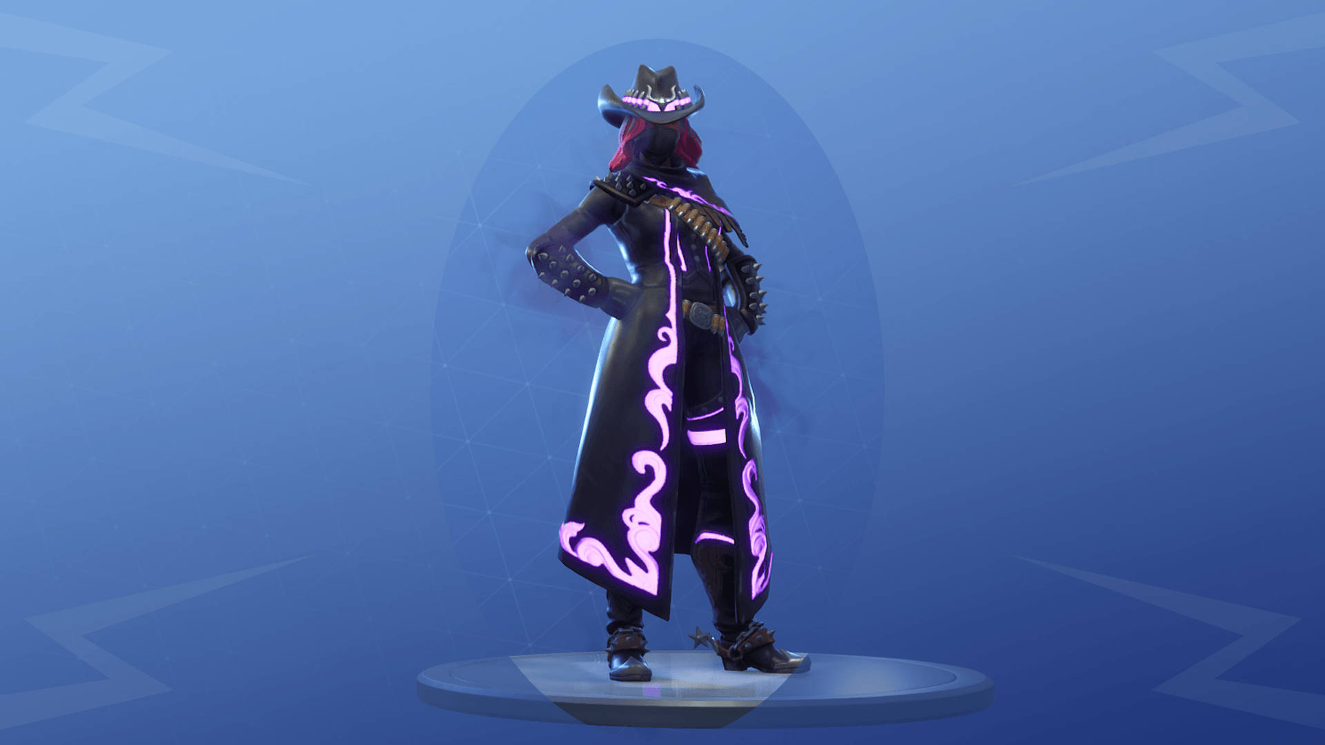 calamity fortnite 桌布 壁紙 — 一個風格化的電子遊戲角色，身穿黑色牛仔服裝，帶有發光的紫色漩渦，自信地站在圓形平台上，背景是藍色漸層。