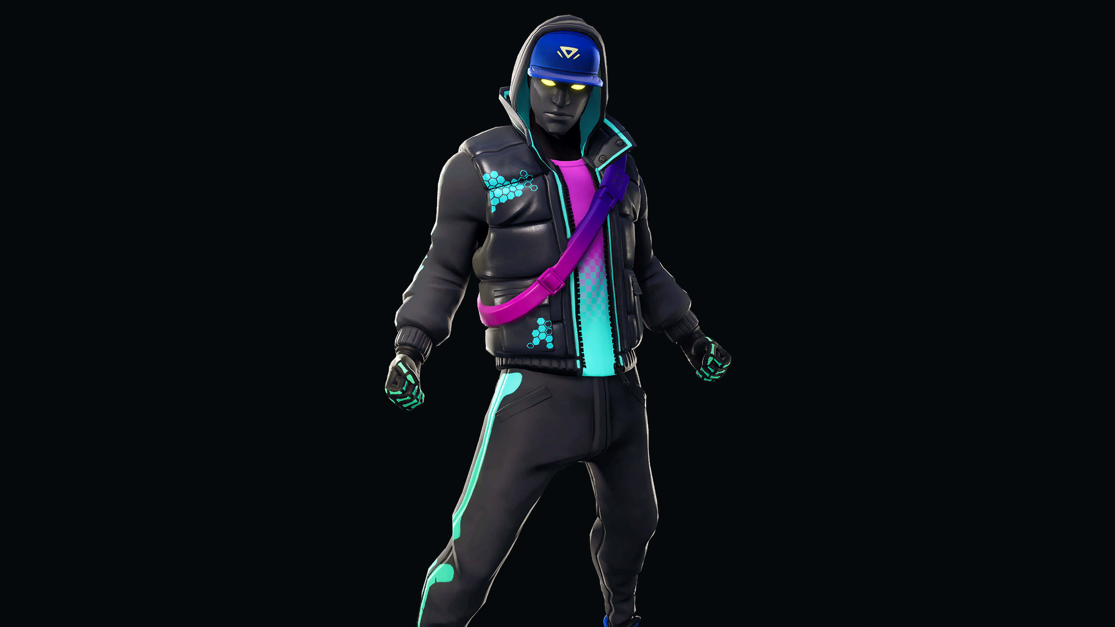 Fortnite 桌布 壁紙 — 一個風格化的電子遊戲角色，身穿黑色連帽衫和褲子，帶有發光的青色和洋紅色點綴，站在黑色背景前。
