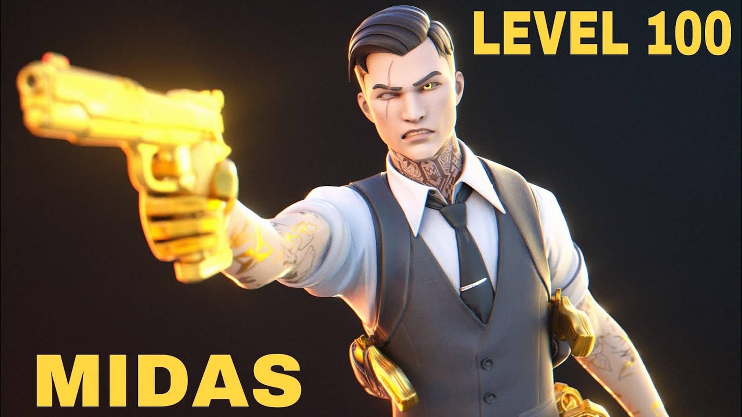 Midas 桌布 壁紙 — 一個風格化的電子遊戲角色名為Midas，在黑暗背景中瞄準一把發光的金色手槍，並帶有'LEVEL 100'文字。