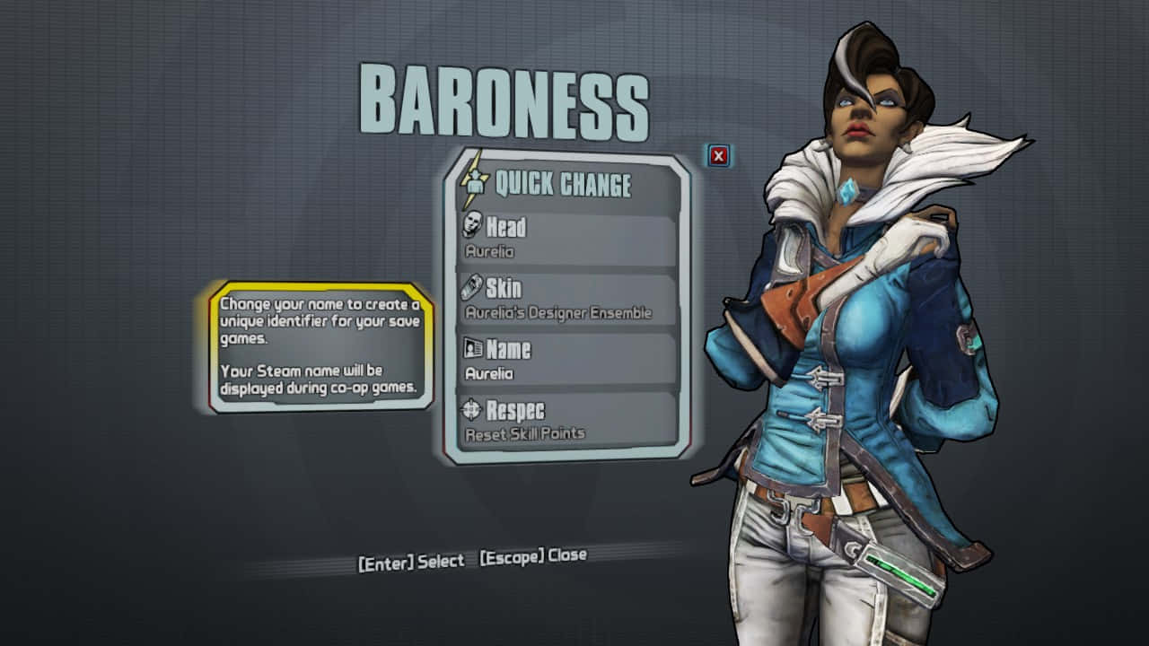 Borderlands Characters 桌布 壁紙 — 一個風格化的電子遊戲角色名為男爵夫人，站在角色自訂選單中，身穿藍色外套和白色圍巾，背景為深灰色網格。