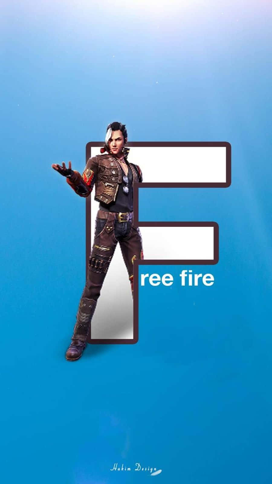 free fire 4K 桌布 壁紙 — 一個風格化的電子遊戲角色穿著堅固裝備，自信地站在一個巨大的字母F內，背景是漸變藍色。