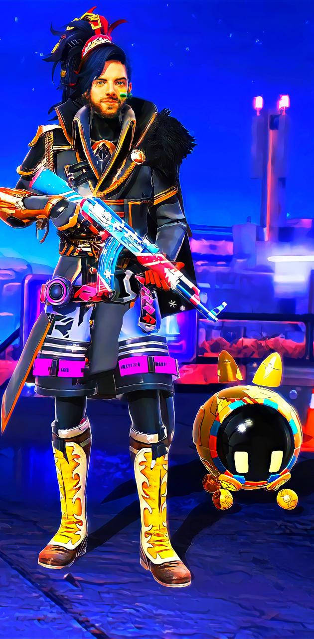 Free Fire Dj Alok 桌布 壁紙 — 一個風格化的電子遊戲角色穿著鮮豔的霓虹盔甲，手持發光武器，旁邊有一個色彩繽紛的機器人同伴，身處在一個賽博龐克城市景觀中。