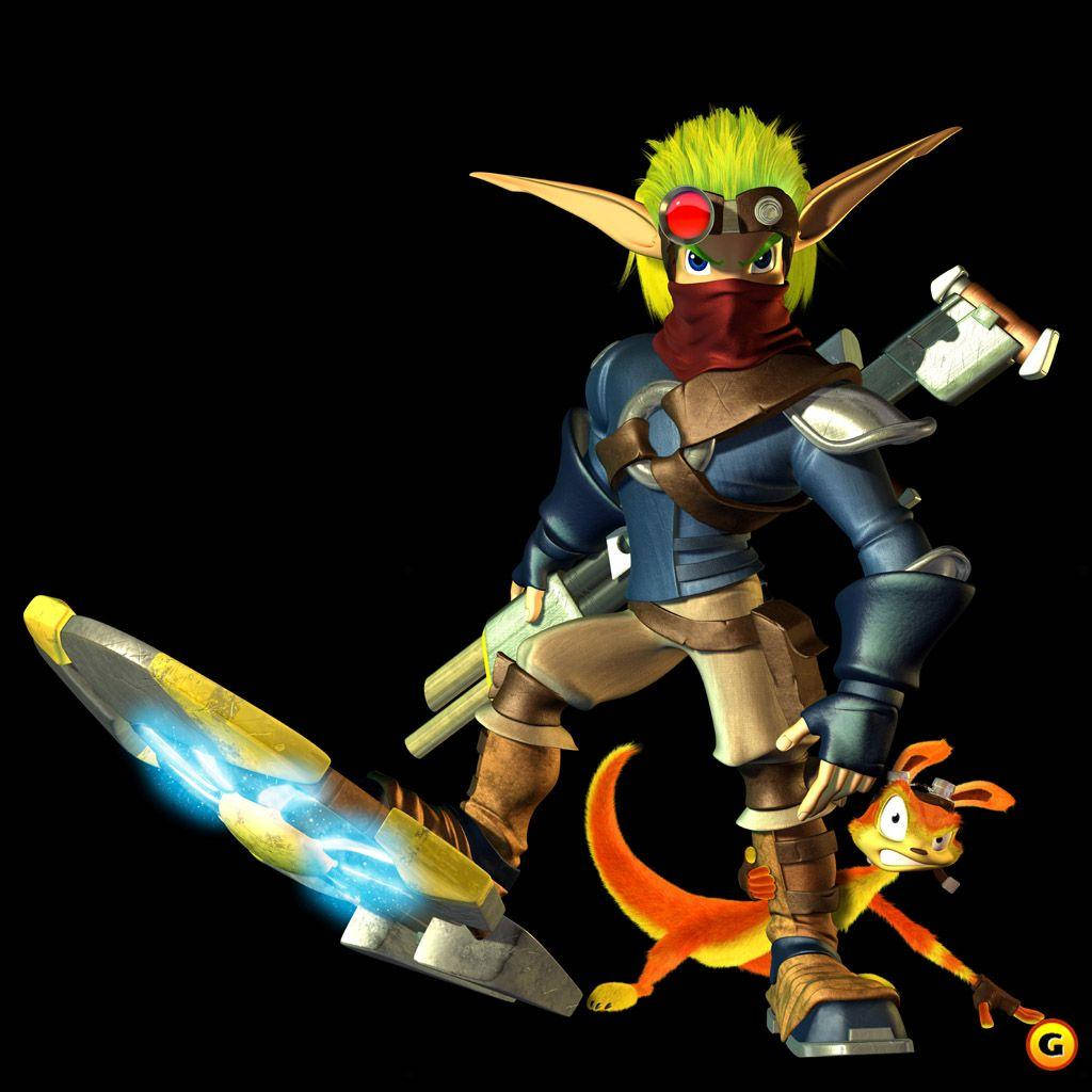 jak and daxter 桌布 壁紙 — 一個風格化的電玩角色，擁有綠色頭髮和護目鏡，在黑色背景前，旁邊有一隻小橙色生物，揮舞著一把發光的劍。