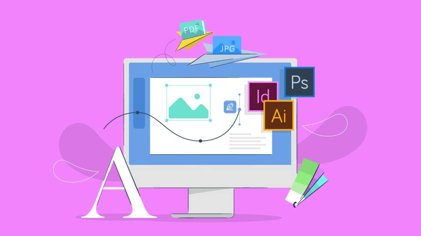 graphic design 桌布 壁紙 — 一個風格化的電腦顯示器在充滿活力的粉紅色背景上顯示設計工具和浮動的檔案圖示。