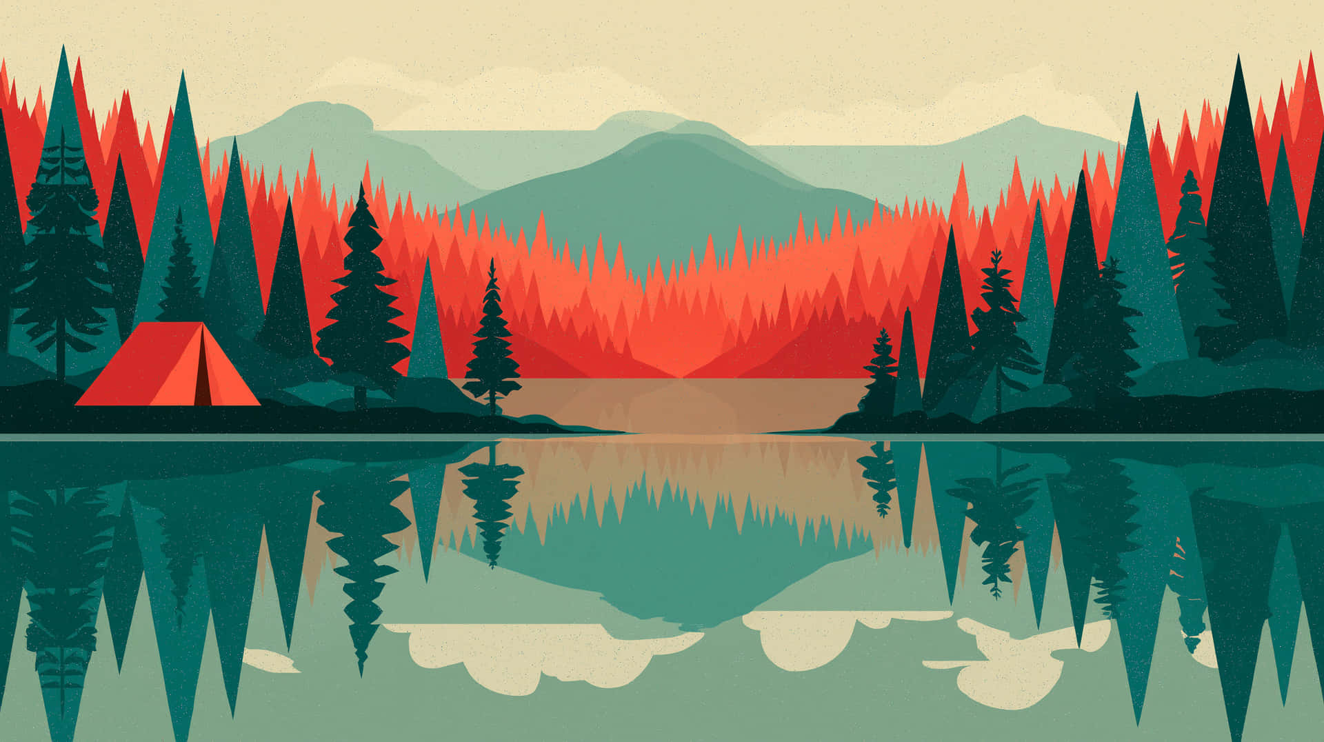 Abstract Forest Lake Camping Landscape Illustration 壁紙 — 一個風格化的露營地，紅色帳篷 nestled 在深綠色松樹之間，旁邊是平靜的湖泊，倒映著火橙色和藍綠色的山脈。