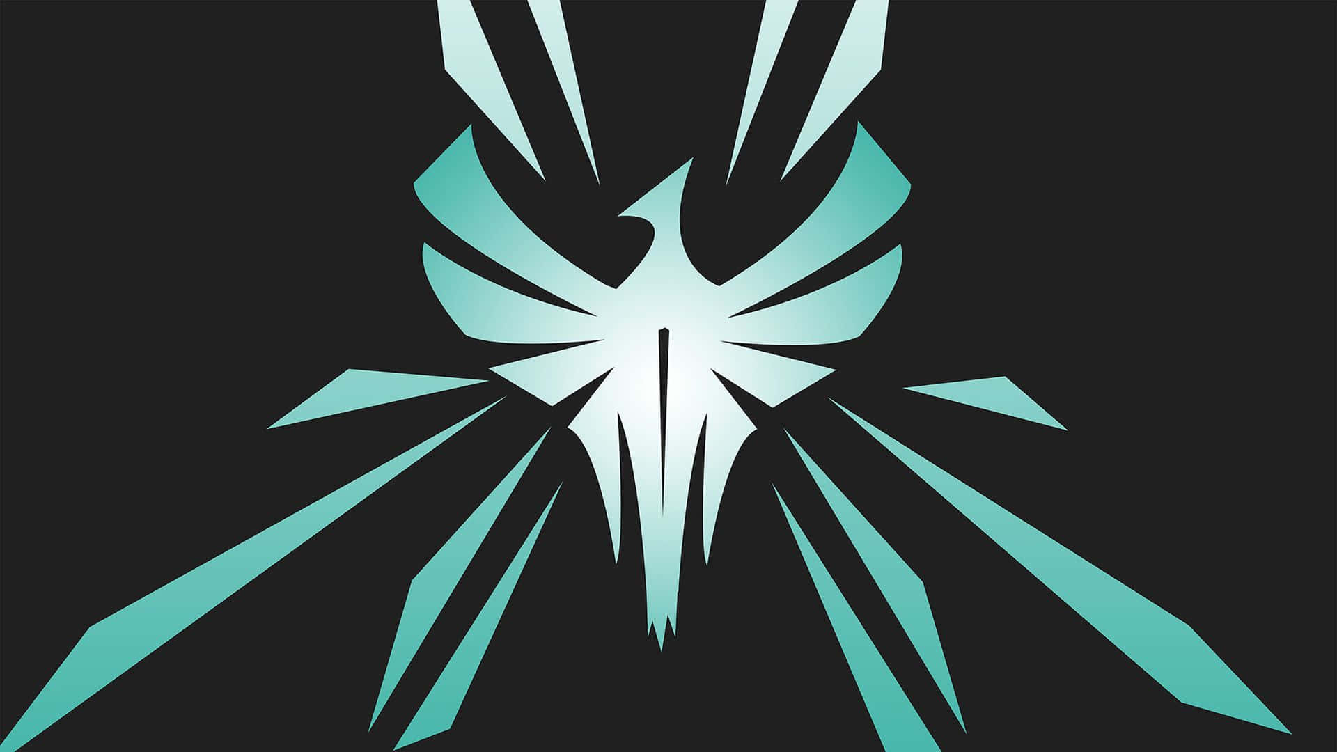 Zofia R6 桌布 壁紙 — 一個風格化的青綠色和白色抽象徽章在深色背景上向外輻射。