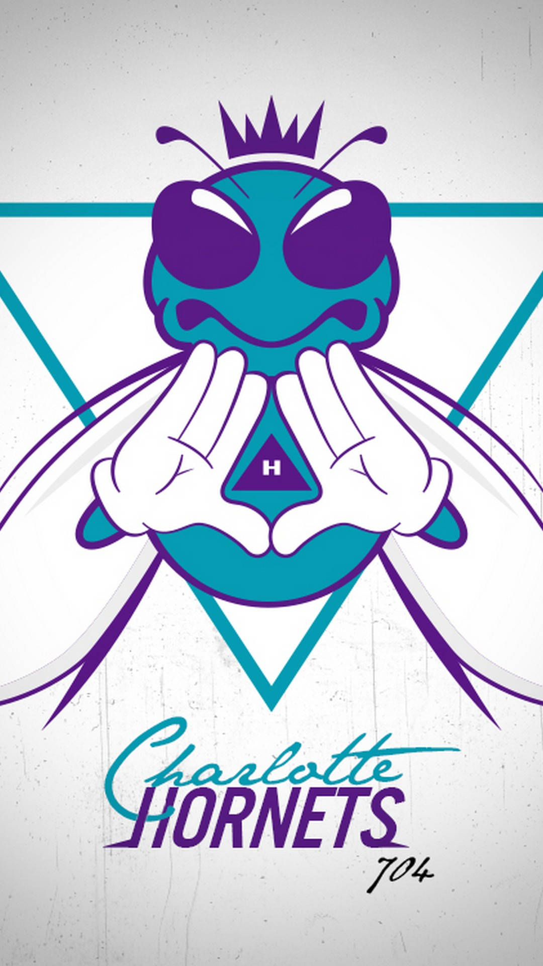 Hornets 桌布 壁紙 — 一個風格化的青綠色和紫色大黃蜂吉祥物，戴著皇冠和太陽眼鏡，雙手在三角形標誌周圍形成心形。