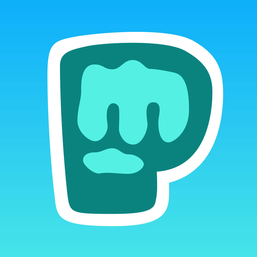 PewDiePie 桌布 壁紙 — 一個風格化的青綠色字母P，帶有滴落液體效果，白色輪廓，背景為漸變藍色。