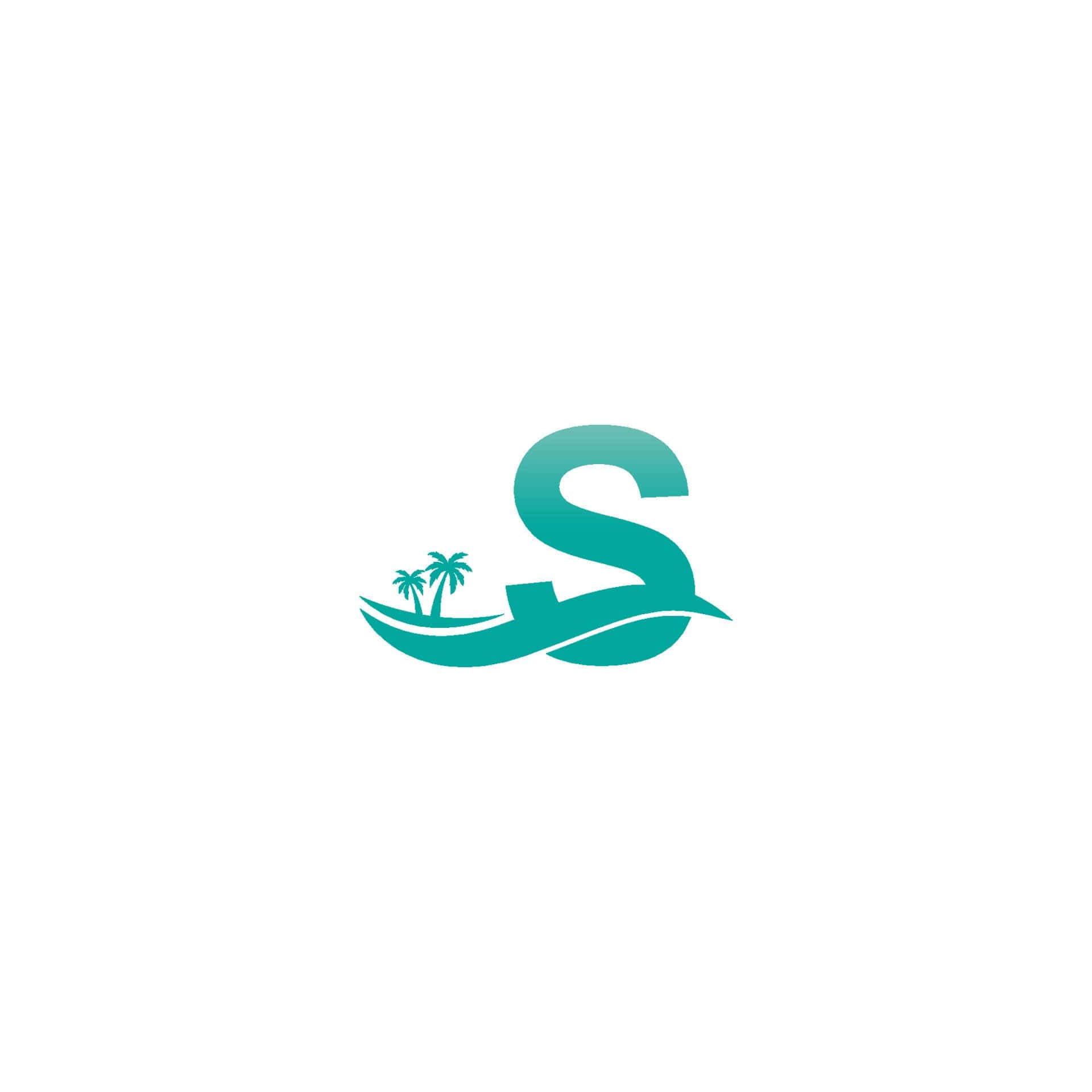 S 桌布 壁紙 — 一個風格化的青綠色字母S，形狀像波浪，曲線上有兩棵棕櫚樹，背景為白色。