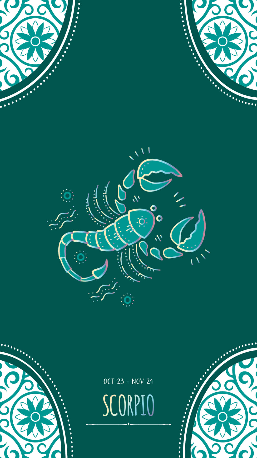 Scorpio 桌布 壁紙 — 一個風格化的青綠色蠍子插圖，居中於深綠色背景上，角落有華麗的圓形曼陀羅圖案。