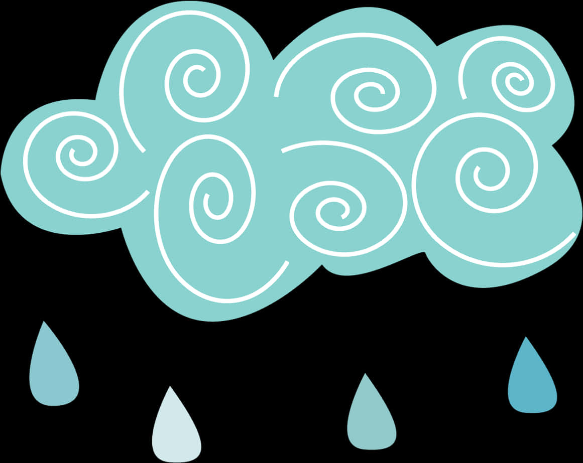 下雨 桌布 壁紙 — 一個風格化的青綠色雲朵，帶有白色漩渦，在黑色背景上滴下淺藍色雨滴。