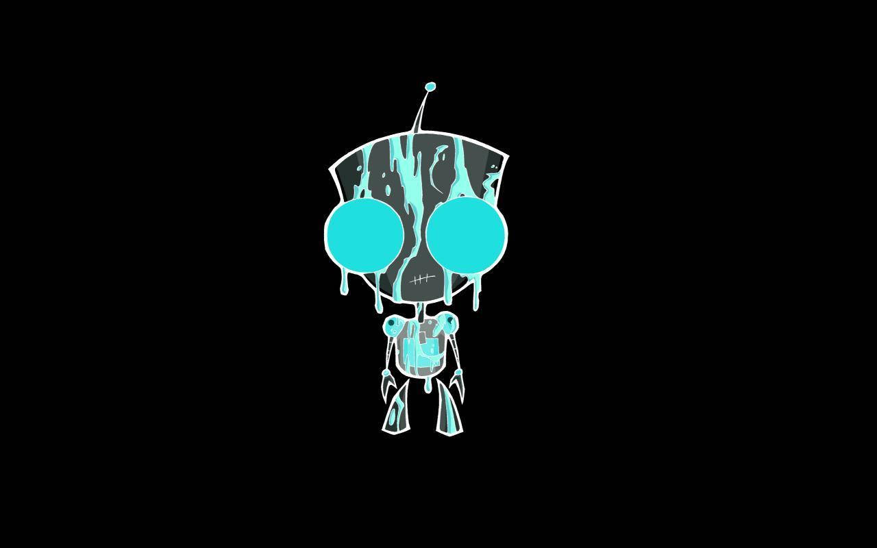 Invader Zim 桌布 壁紙 — 一個風格化的青色外星人，具有融化特徵和滴落的液體，站在 stark 黑色背景前。