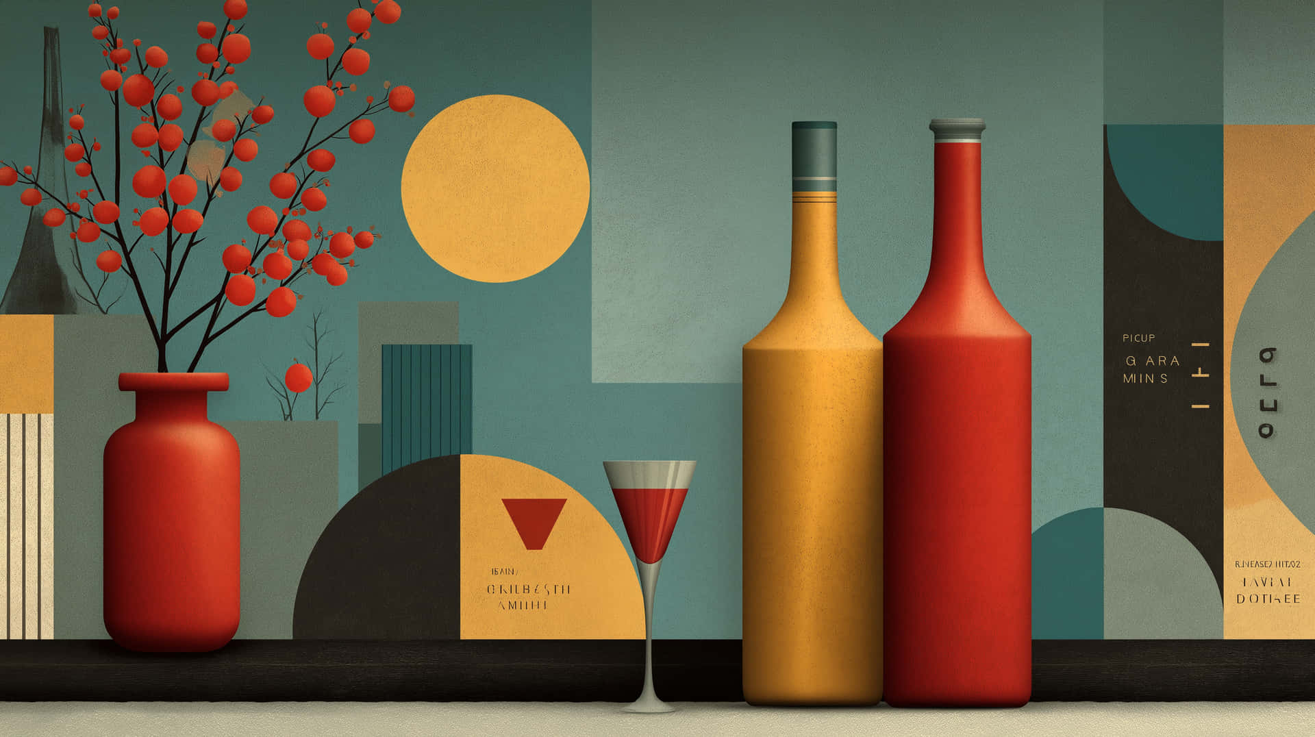 Retro Still Life with Bottles & Berries, Mid-Century 壁紙 — 一個風格化的靜物畫，花瓶裡有紅橙色漿果，旁邊是琥珀色和深紅色的瓶子，以及一個雞尾酒杯，背景是幾何圖案的青綠色和赭色。