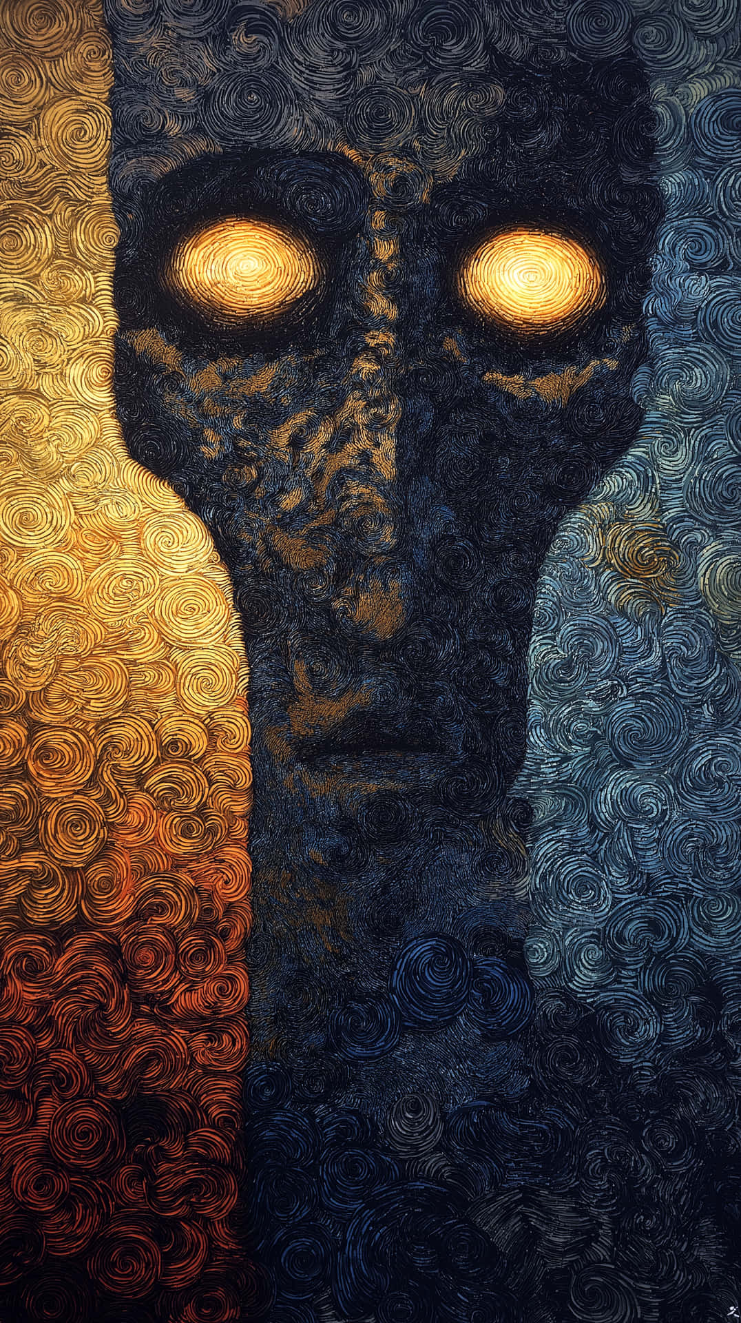 Abstract Textured Face with Glowing Eyes and Swirling Patterns 壁紙 — 一個風格化的面孔，帶有發光的金色眼睛，從金色橙色和深藍色的漩渦圖案中浮現。