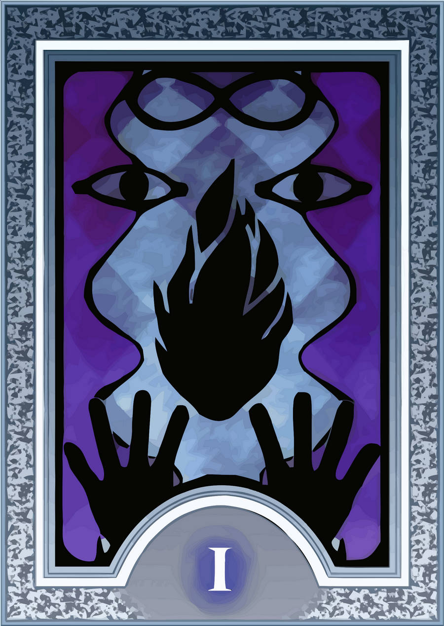 Tarot Card 桌布 壁紙 — 一個風格化的面孔，有眼睛和火焰嘴巴，由手和紫色和藍色調的裝飾邊框框住。