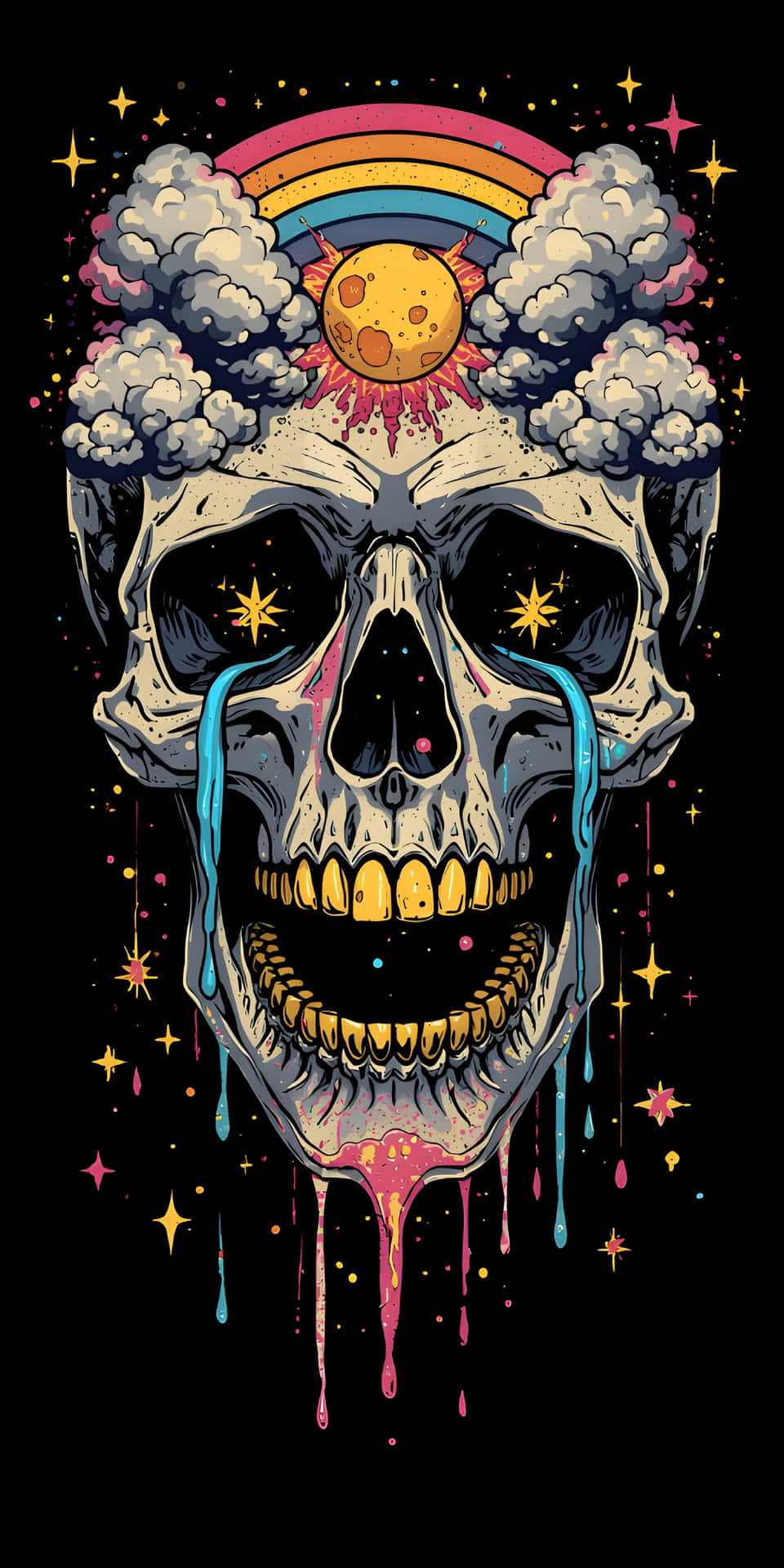 Psychedelic Trippy Skull with Brain Clouds Wallpaper 壁紙 — 一個風格化的頭骨，上方有彩虹和月亮，藍色和粉紅色的眼淚在星空黑色背景上滴落。