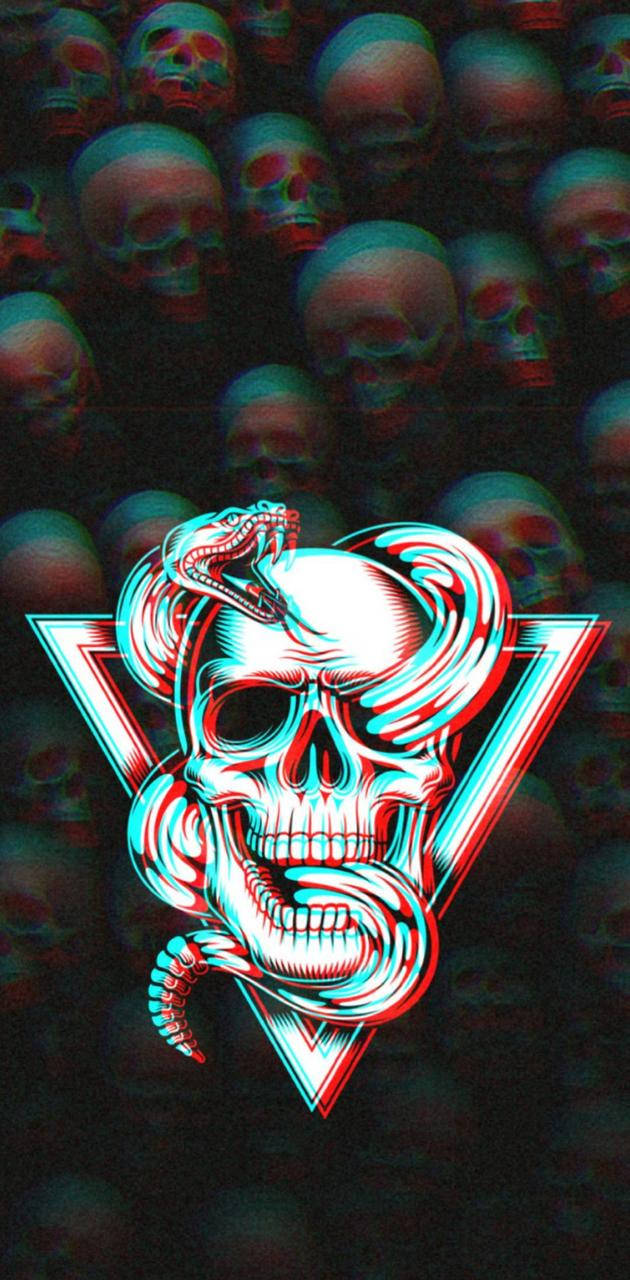 Trippy Aesthetic 桌布 壁紙 — 一個風格化的頭骨，在一條發光三角形中盤繞著一條蛇，背景是重複的頭骨，帶有色差效果。
