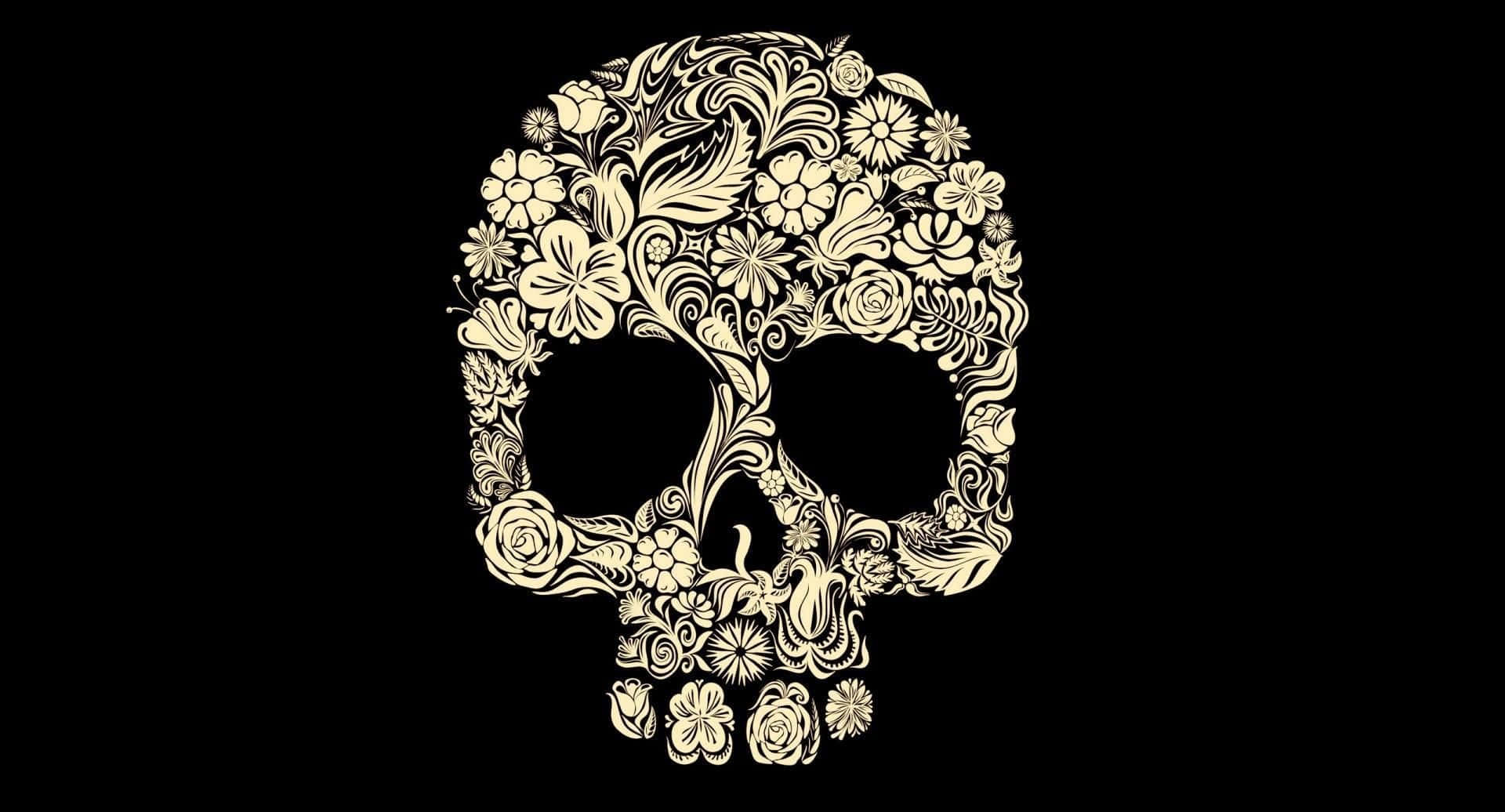 Halloween Skeleton 桌布 壁紙 — 一個風格化的頭骨，在純黑背景上精緻地點綴著奶油色的花朵和藤蔓。