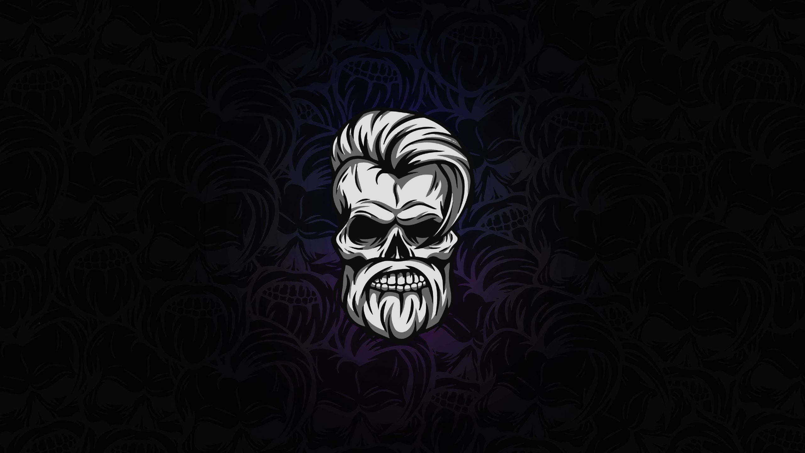 Gangster Skeleton 桌布 壁紙 — 一個風格化的頭骨，帶有向後梳的髮型和鬍鬚，在深色圖案背景上發光。