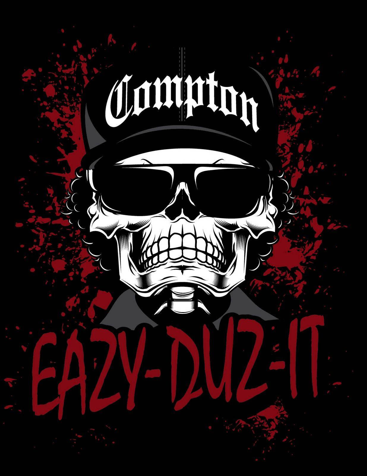 Gangster Skeleton 桌布 壁紙 — 一個風格化的頭骨，帶有捲曲的頭髮，戴著Compton帽子和太陽眼鏡，背景為黑色，帶有紅色飛濺和粗體紅色文字EAZY-DUZ-IT。