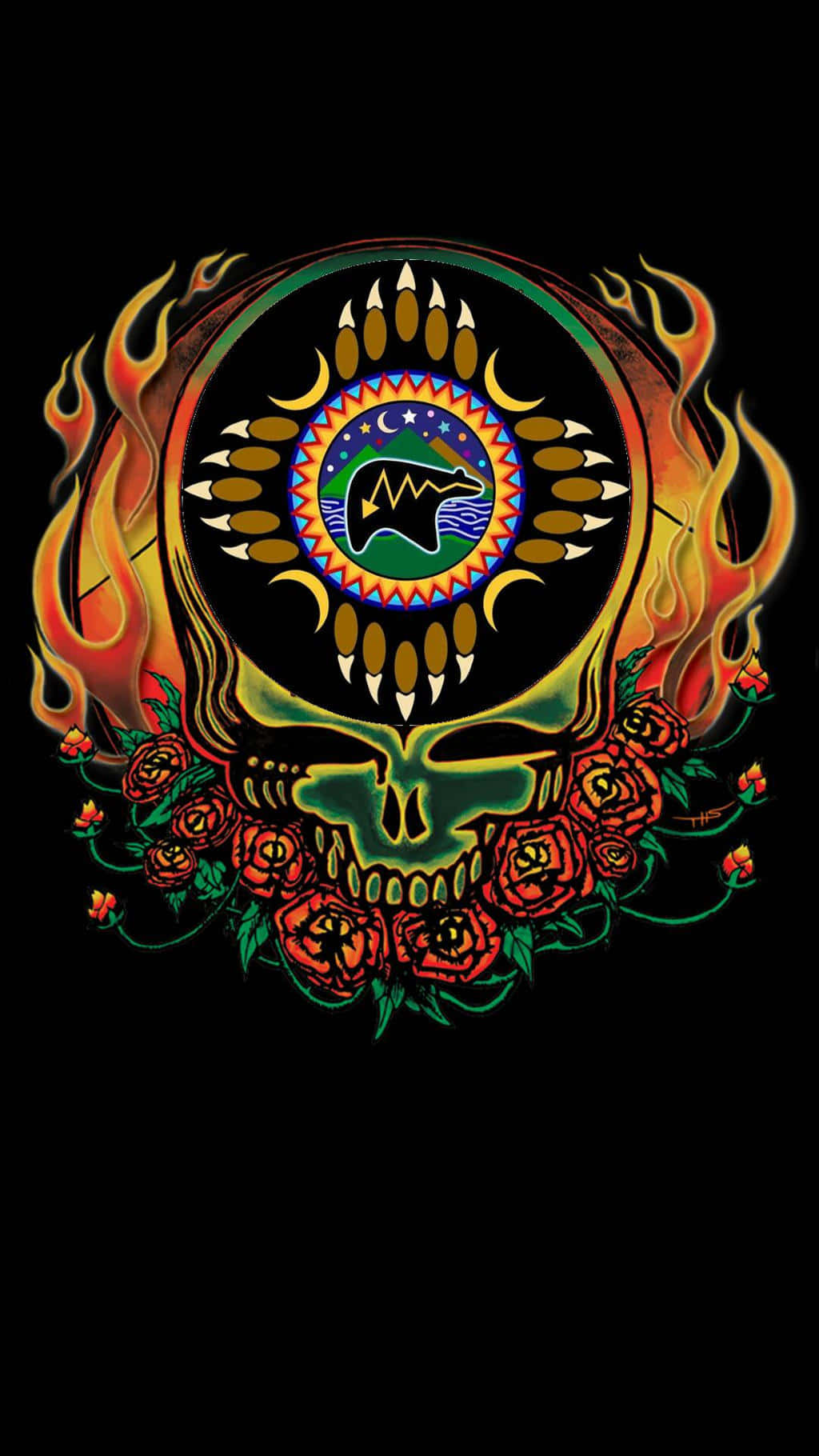 Flaming Skull 桌布 壁紙 — 一個風格化的頭骨，帶有火焰和玫瑰，環繞著中央圓形設計，包含熊、新月和幾何圖案。