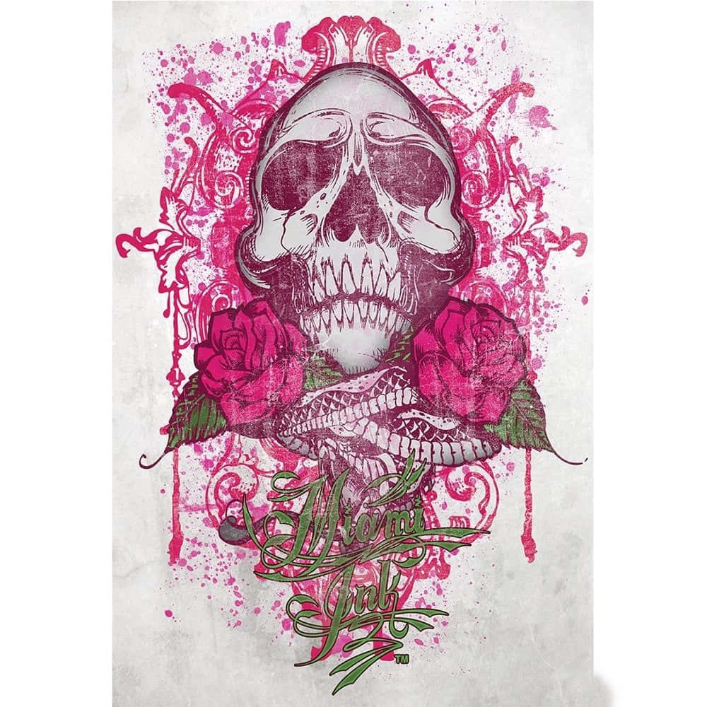Pink Skull 桌布 壁紙 — 一個風格化的頭骨，帶有玫瑰和華麗的粉紅色潑濺，在紋理白色背景上。