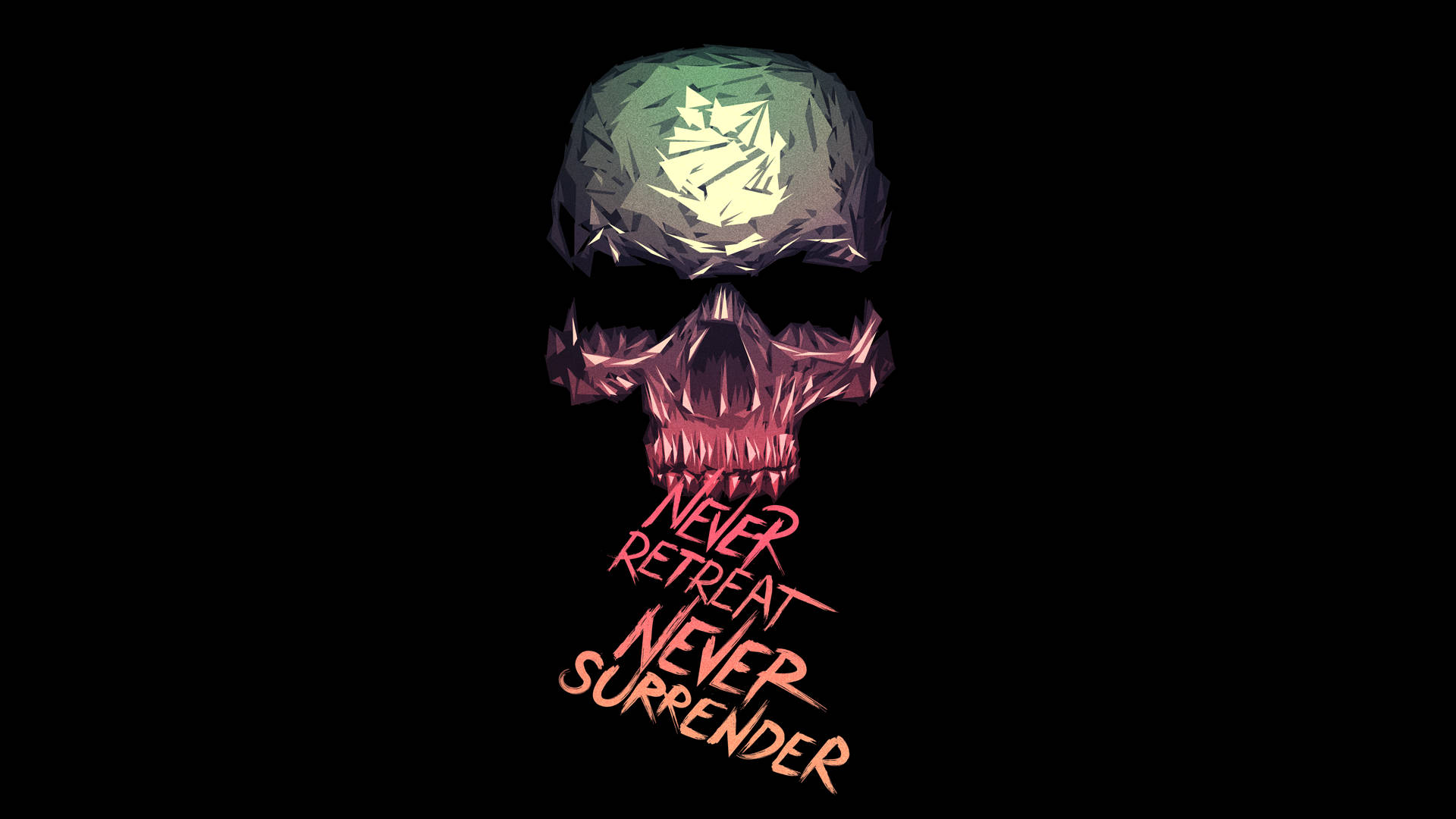 dope iPhone 桌布 壁紙 — 一個風格化的頭骨，帶有發光的大腦和火焰文字 never retreat never surrender，背景為黑色。